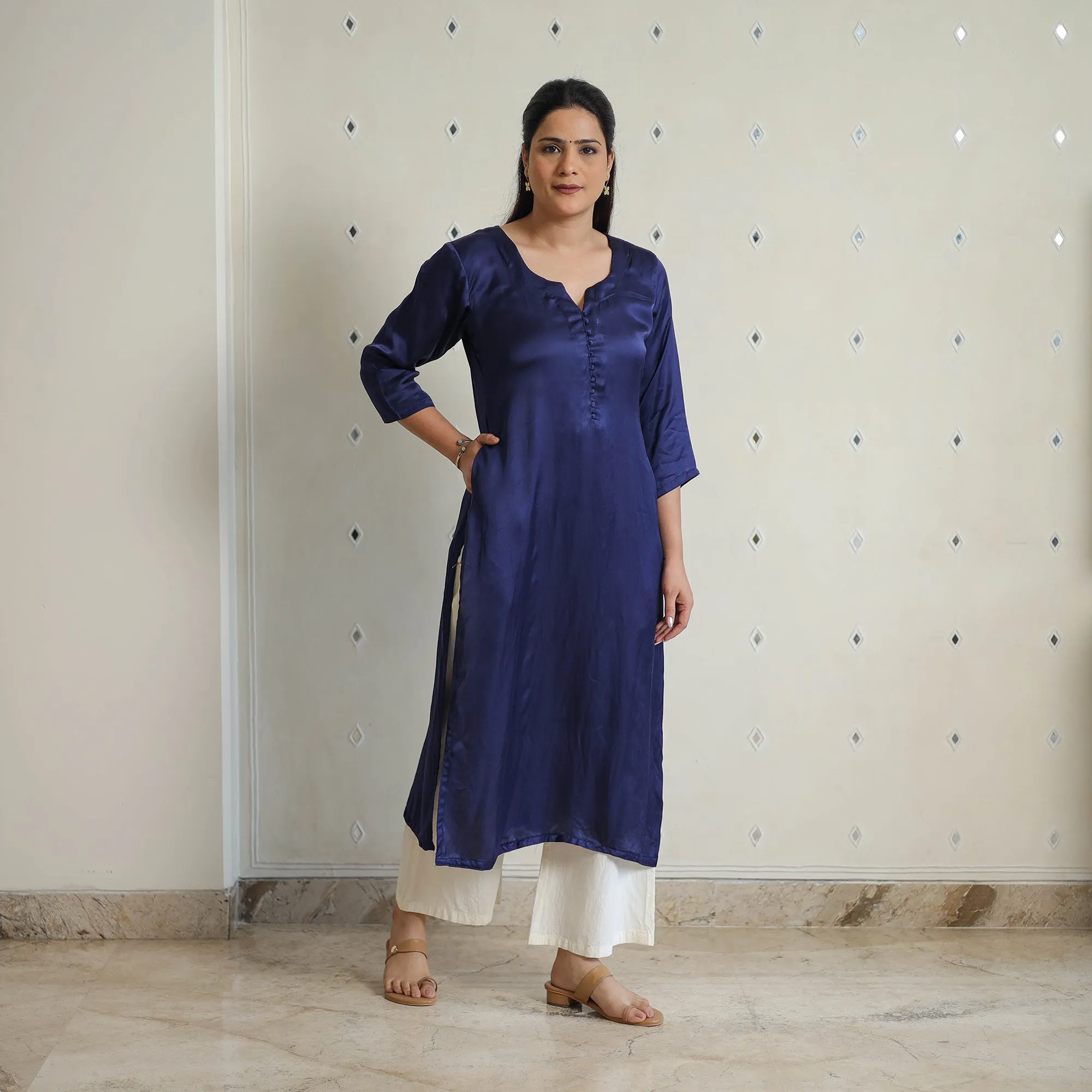 Jasleen Navy Blue Modal Silk Plain Straight Kurta sold by Itokri product image thumbnail 5