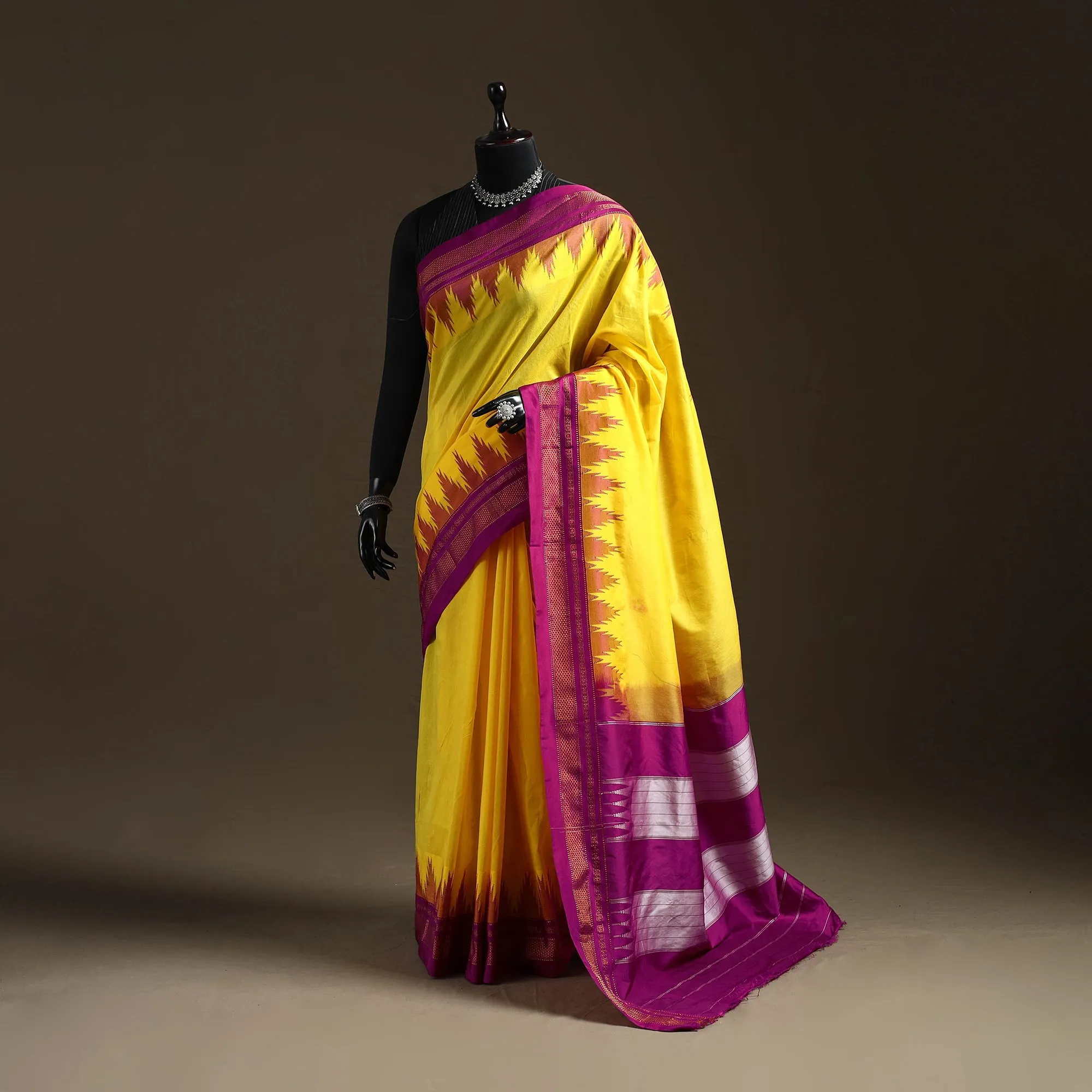 Yellow - Mercerized Cotton Gadwal Ilkal Saree with Temple Zari Border 02 sold by Itokri