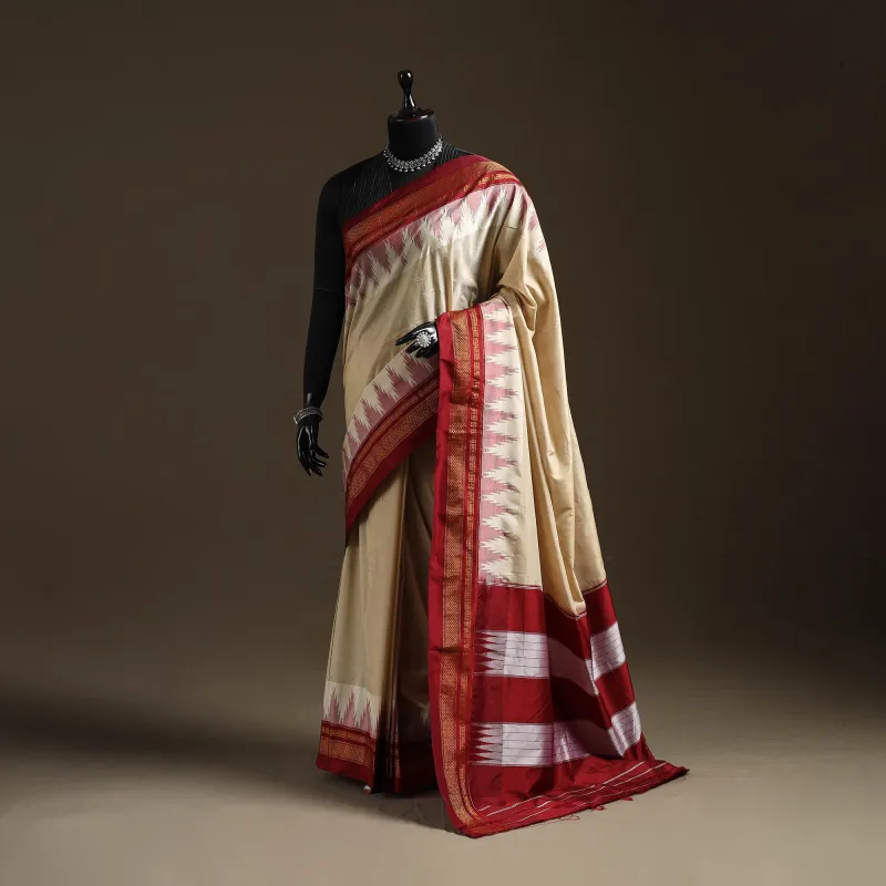 Beige - Mercerized Cotton Gadwal Ilkal Saree with Temple Zari Border 03 made by Itokri
