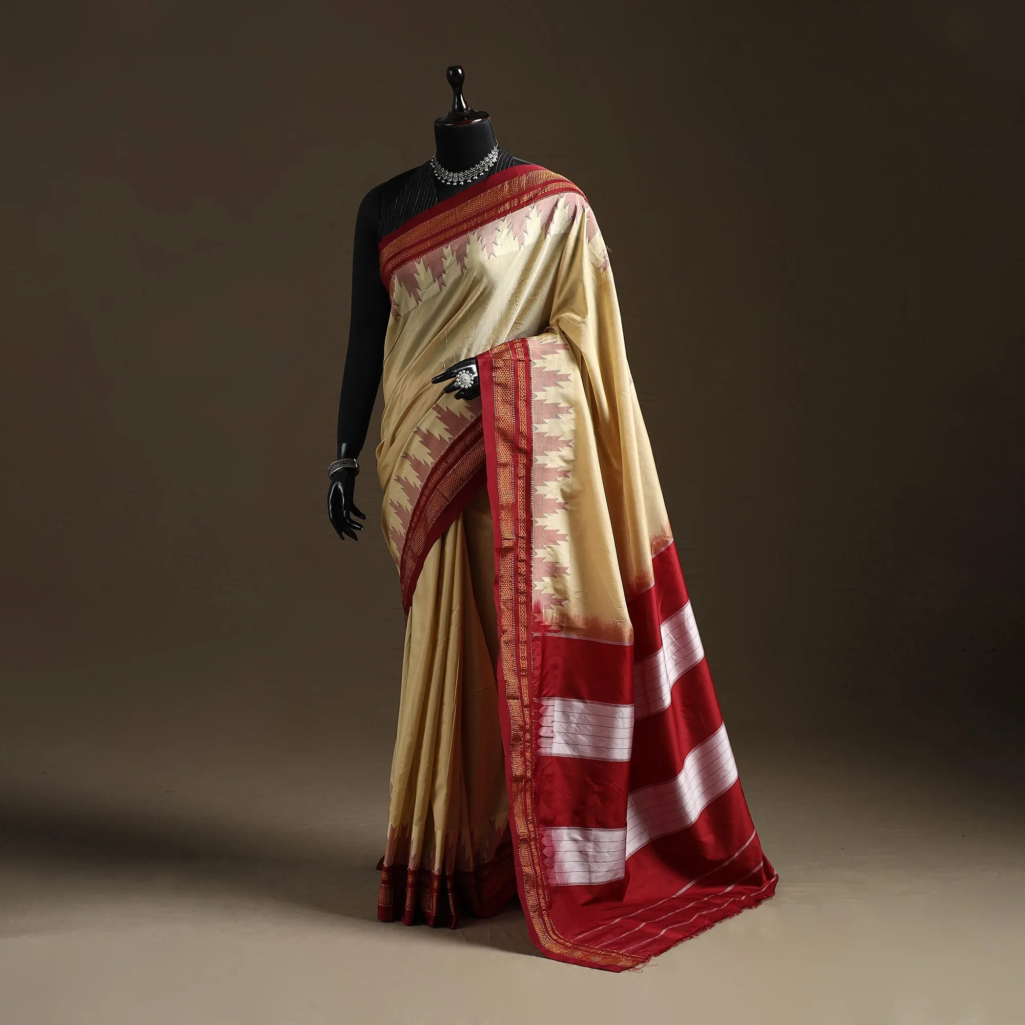Beige - Mercerized Cotton Gadwal Ilkal Saree with Temple Zari Border 05 sold by Itokri