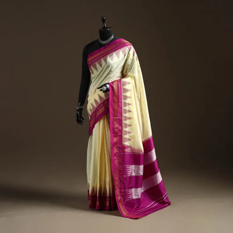 Beige - Mercerized Cotton Gadwal Ilkal Saree with Temple Zari Border 06 made by Itokri