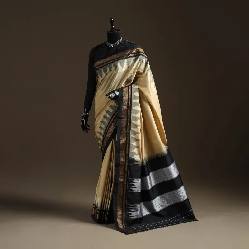 Beige - Mercerized Cotton Gadwal Ilkal Saree with Temple Zari Border 09 made by Itokri