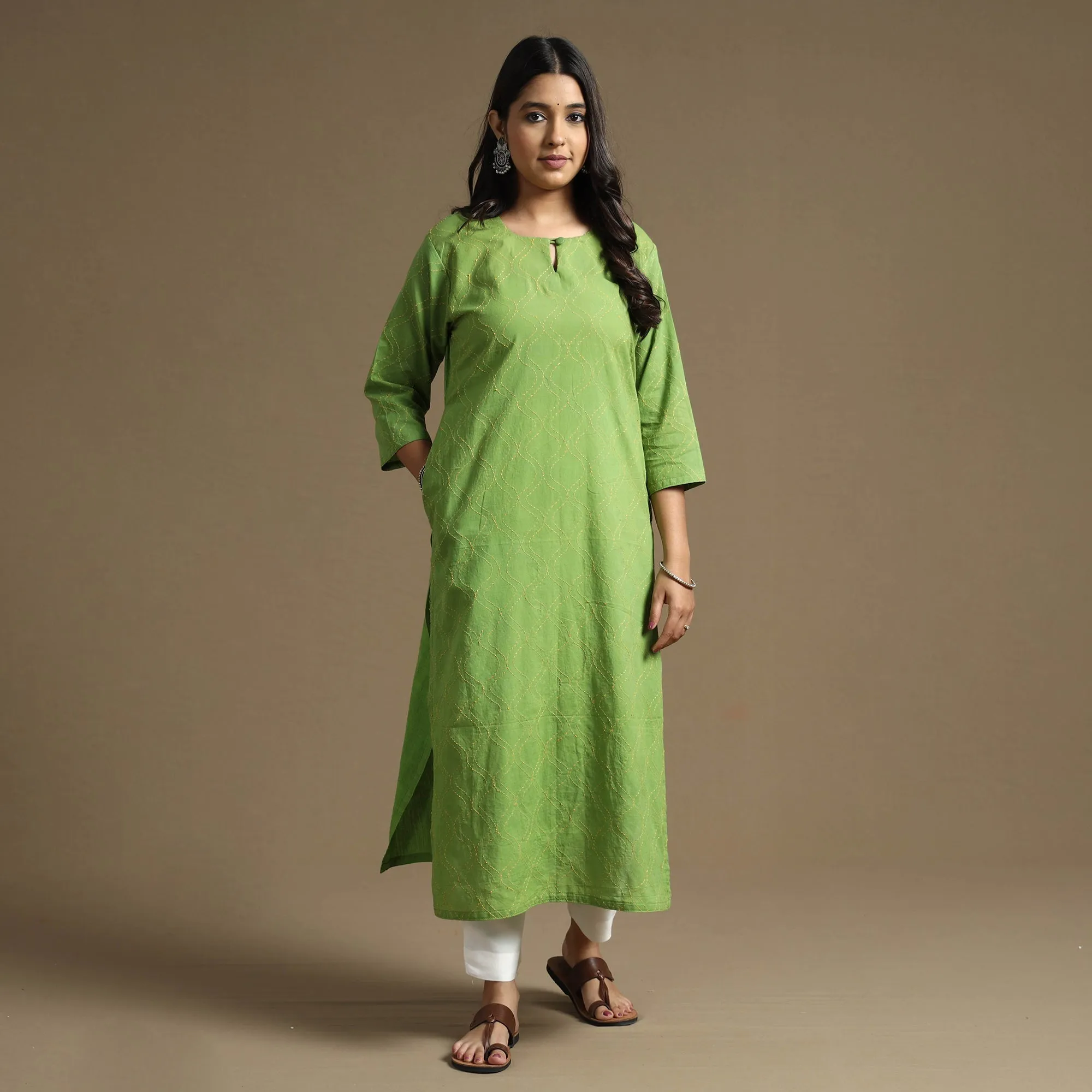 Apple Green Plain Cotton Tagai Work Long Kurta sold by Itokri product image thumbnail 3