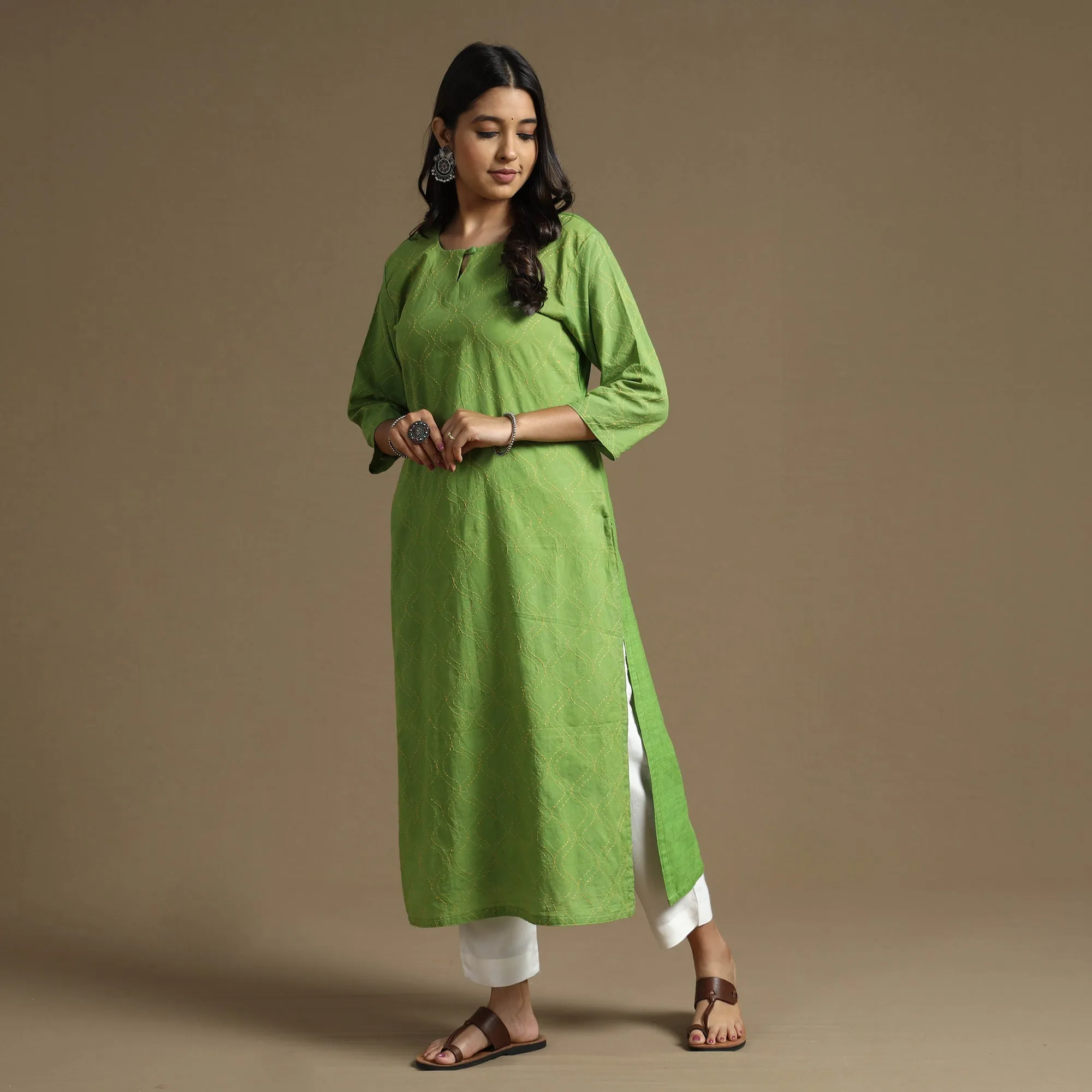 Apple Green Plain Cotton Tagai Work Long Kurta sold by Itokri product image thumbnail 2