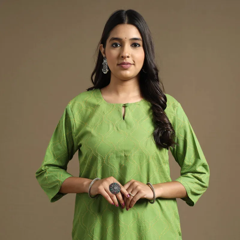 Apple Green Plain Cotton Tagai Work Long Kurta sold by Itokri