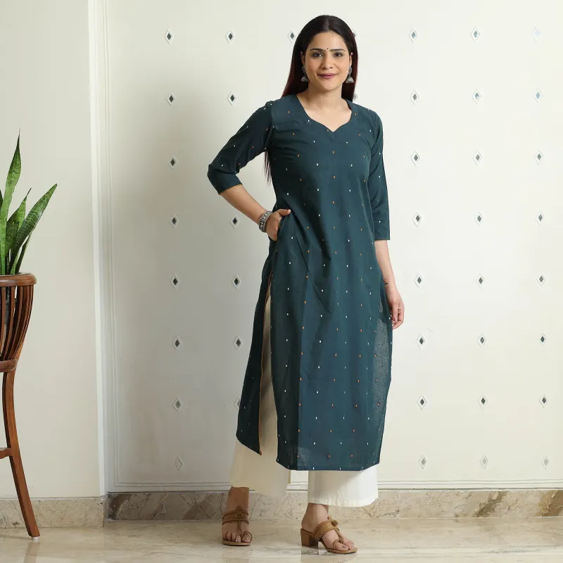 Dark Green - Jacquard Cotton Long Straight Kurta sold by Itokri