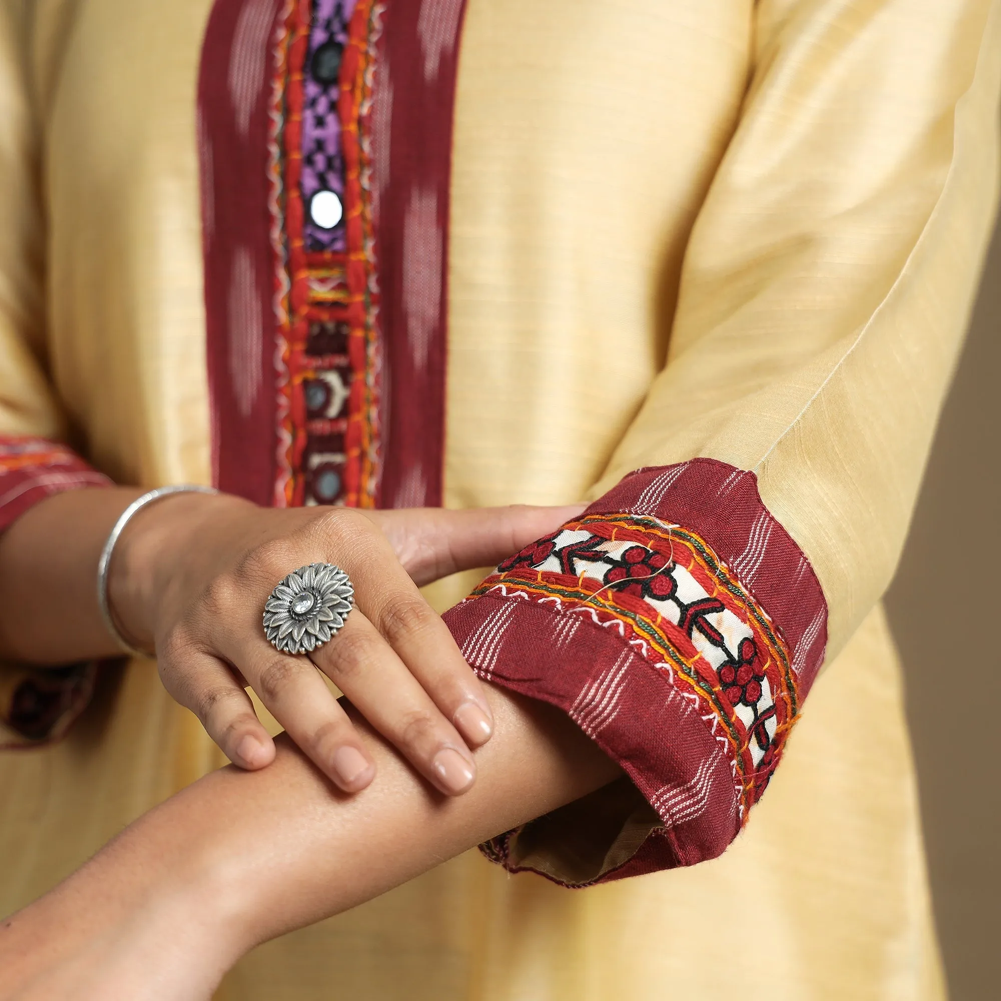 Beige - Plain Slub Silk Straight Kurta with Ikat Patchwork sold by Itokri product image thumbnail 5