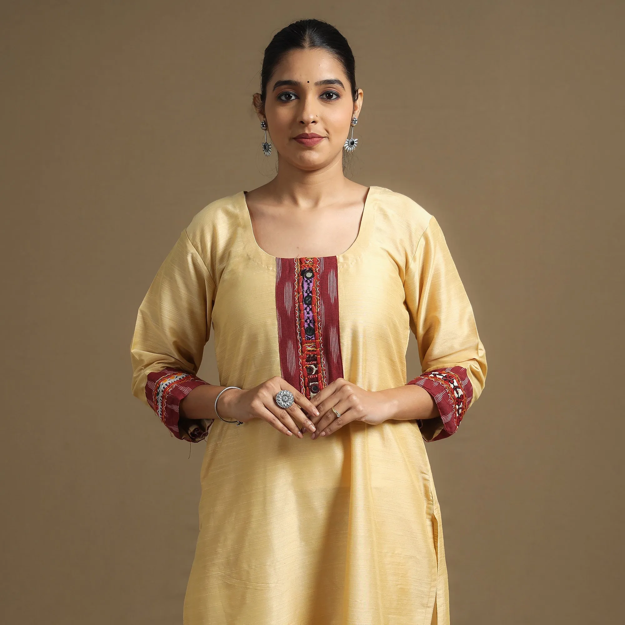 Beige - Plain Slub Silk Straight Kurta with Ikat Patchwork sold by Itokri