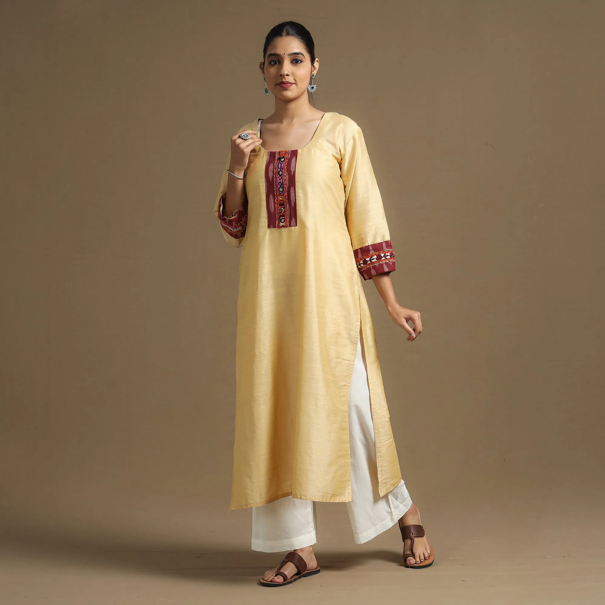 Beige - Plain Slub Silk Straight Kurta with Ikat Patchwork sold by Itokri product image thumbnail 3