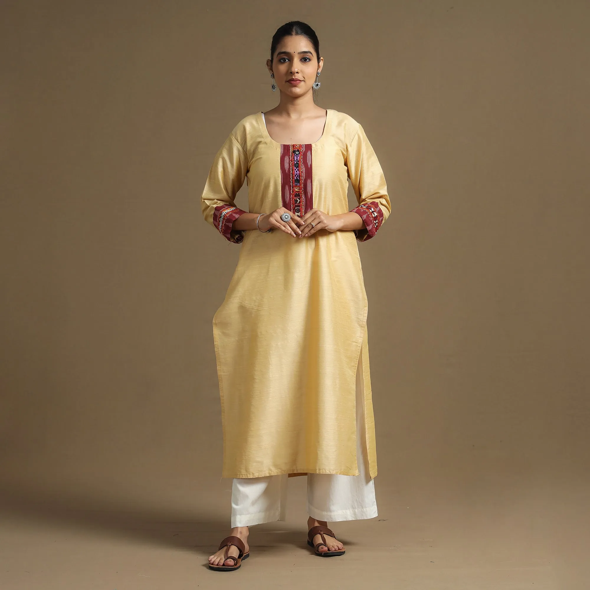 Beige - Plain Slub Silk Straight Kurta with Ikat Patchwork sold by Itokri product image thumbnail 2