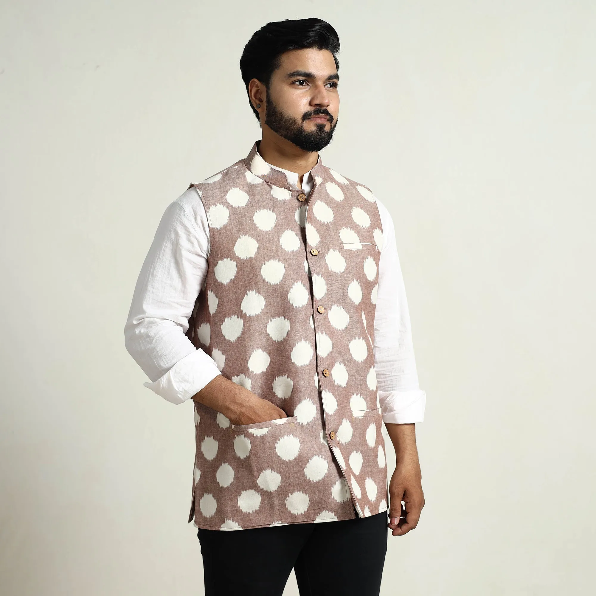 Brown - Pochampally Double Ikat Handloom Cotton Men Nehru Jacket 05 sold by Itokri product image thumbnail 2
