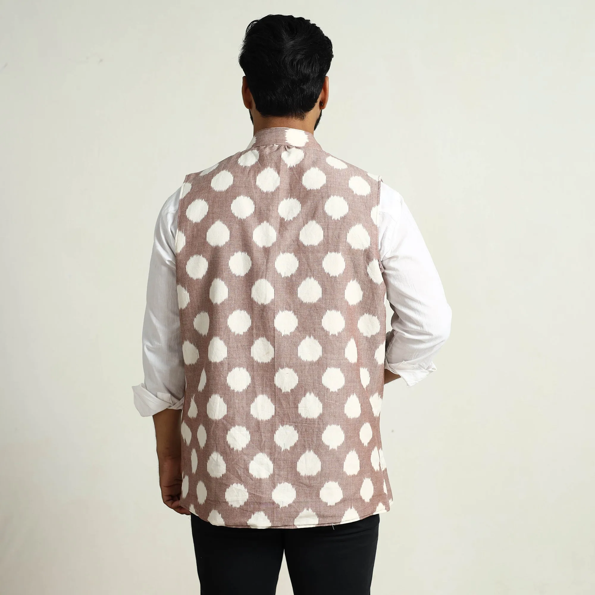 Brown - Pochampally Double Ikat Handloom Cotton Men Nehru Jacket 05 sold by Itokri product image thumbnail 5