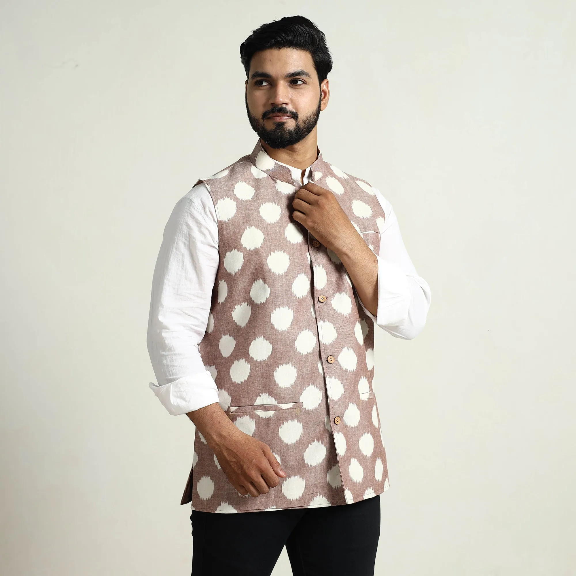 Brown - Pochampally Double Ikat Handloom Cotton Men Nehru Jacket 05 sold by Itokri product image thumbnail 3