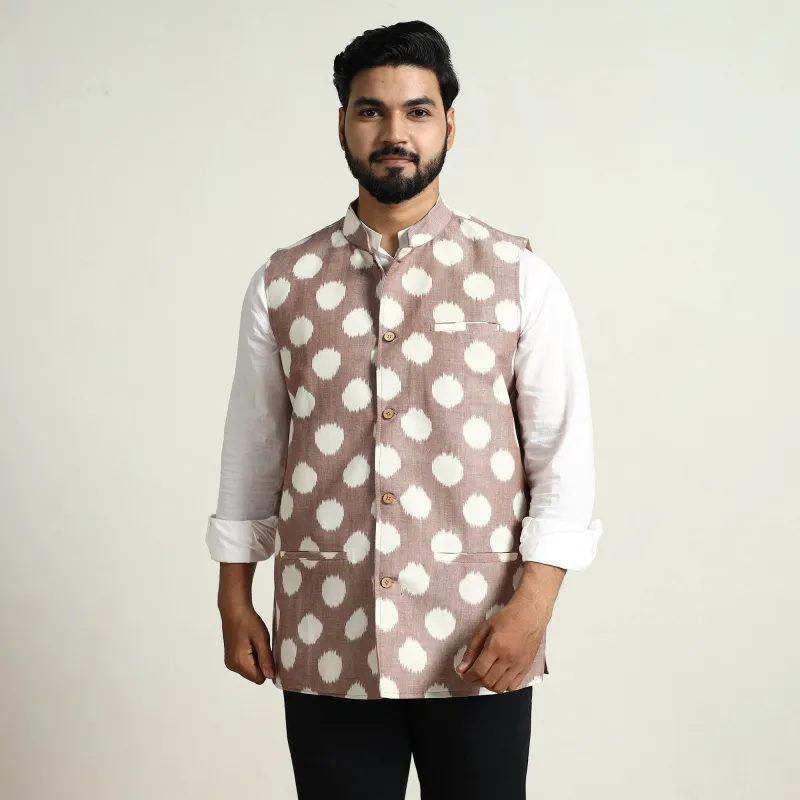 Brown - Pochampally Double Ikat Handloom Cotton Men Nehru Jacket 05 sold by Itokri