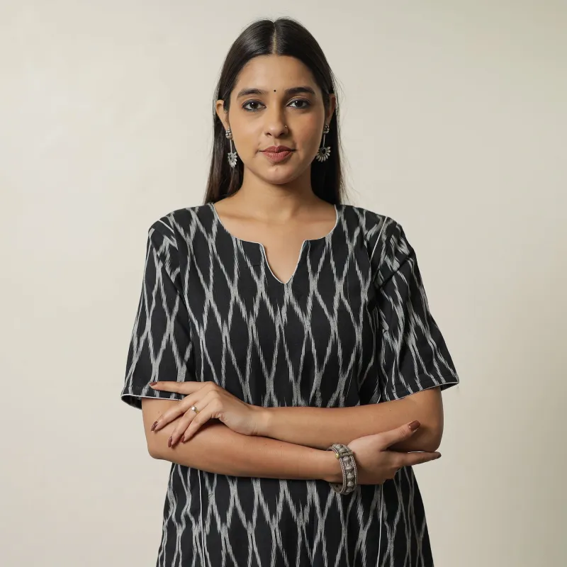 Black - Pochampally Ikat Weave Cotton A-Line Kurta 03 made by Itokri