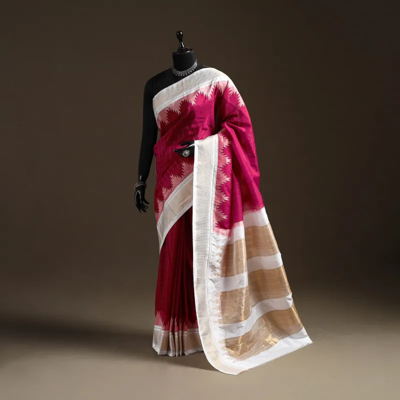 Pink - Mercerized Cotton Gadwal Checks Ilkal Saree with Temple Zari Border 21 made by Itokri
