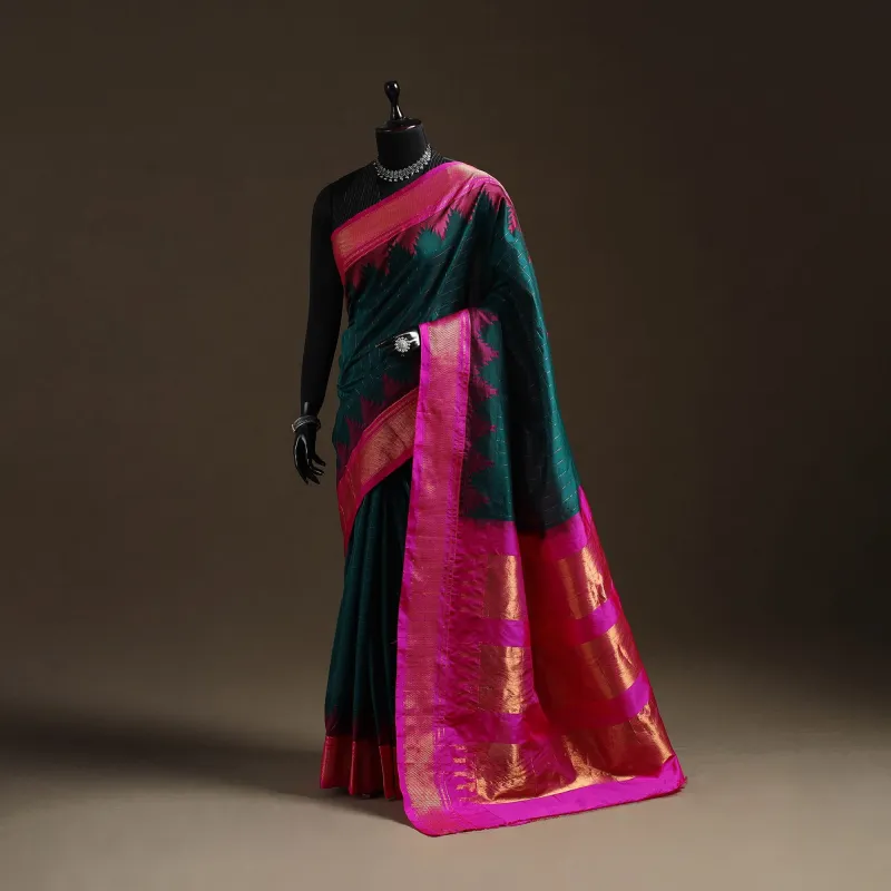 Green - Mercerized Cotton Gadwal Checks Ilkal Saree with Temple Zari Border 19 made by Itokri