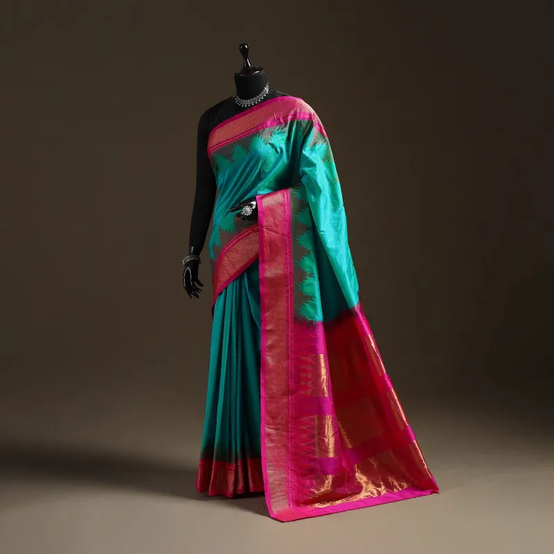 Green - Mercerized Cotton Gadwal Checks Ilkal Saree with Temple Zari Border 18 made by Itokri