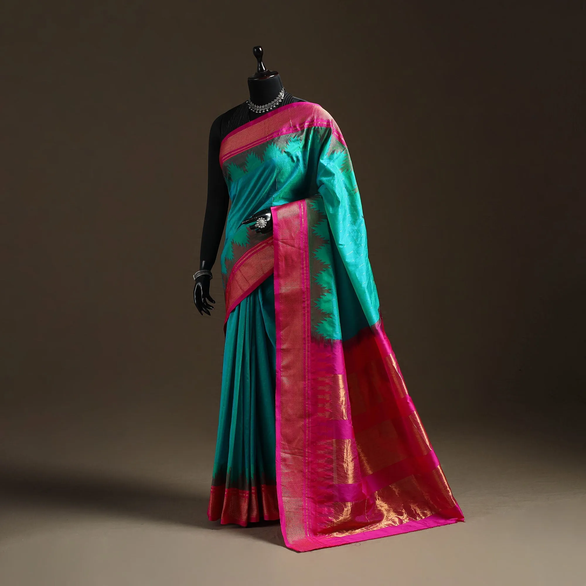 Green - Mercerized Cotton Gadwal Checks Ilkal Saree with Temple Zari Border 18 sold by Itokri