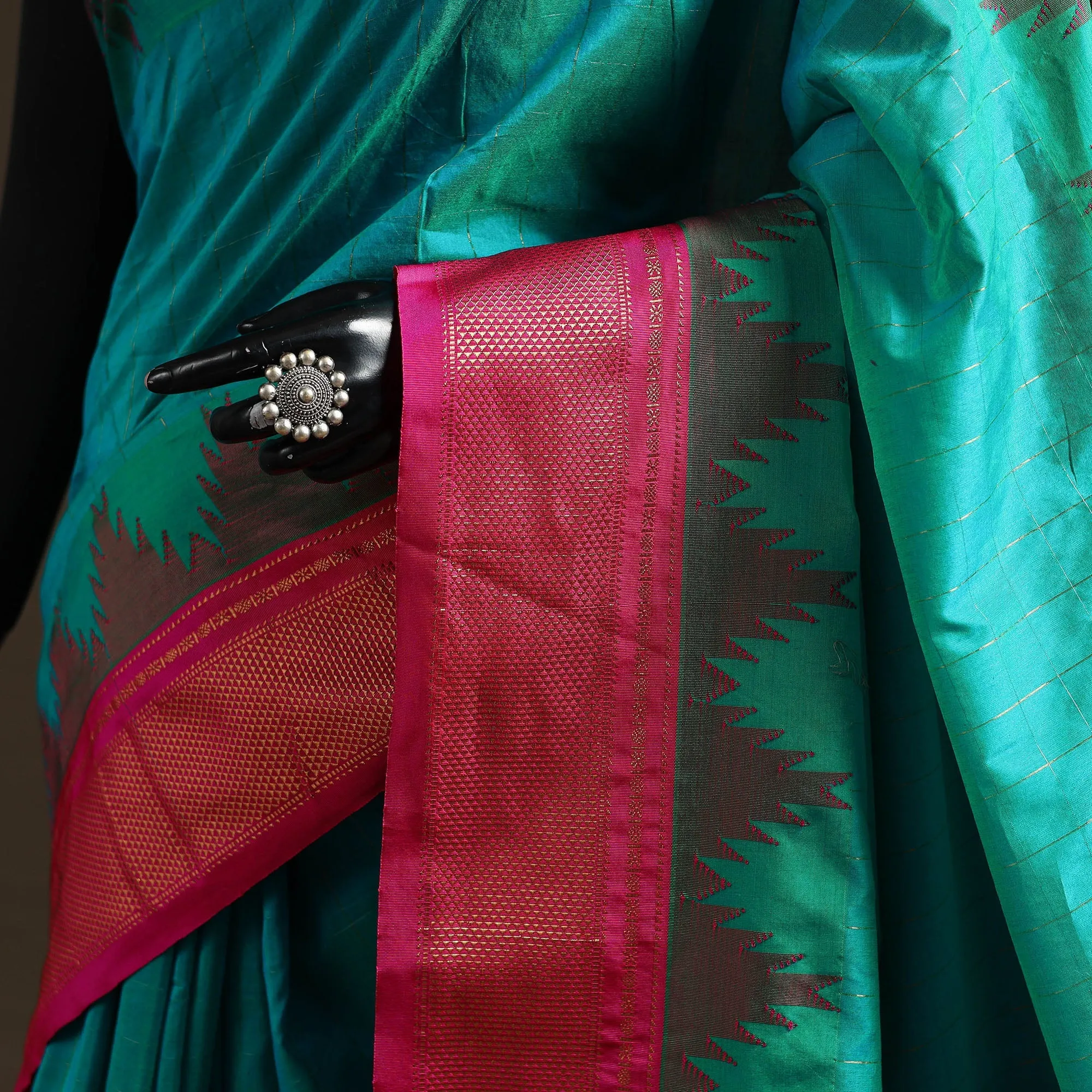 Green - Mercerized Cotton Gadwal Checks Ilkal Saree with Temple Zari Border 18 sold by Itokri product image thumbnail 3