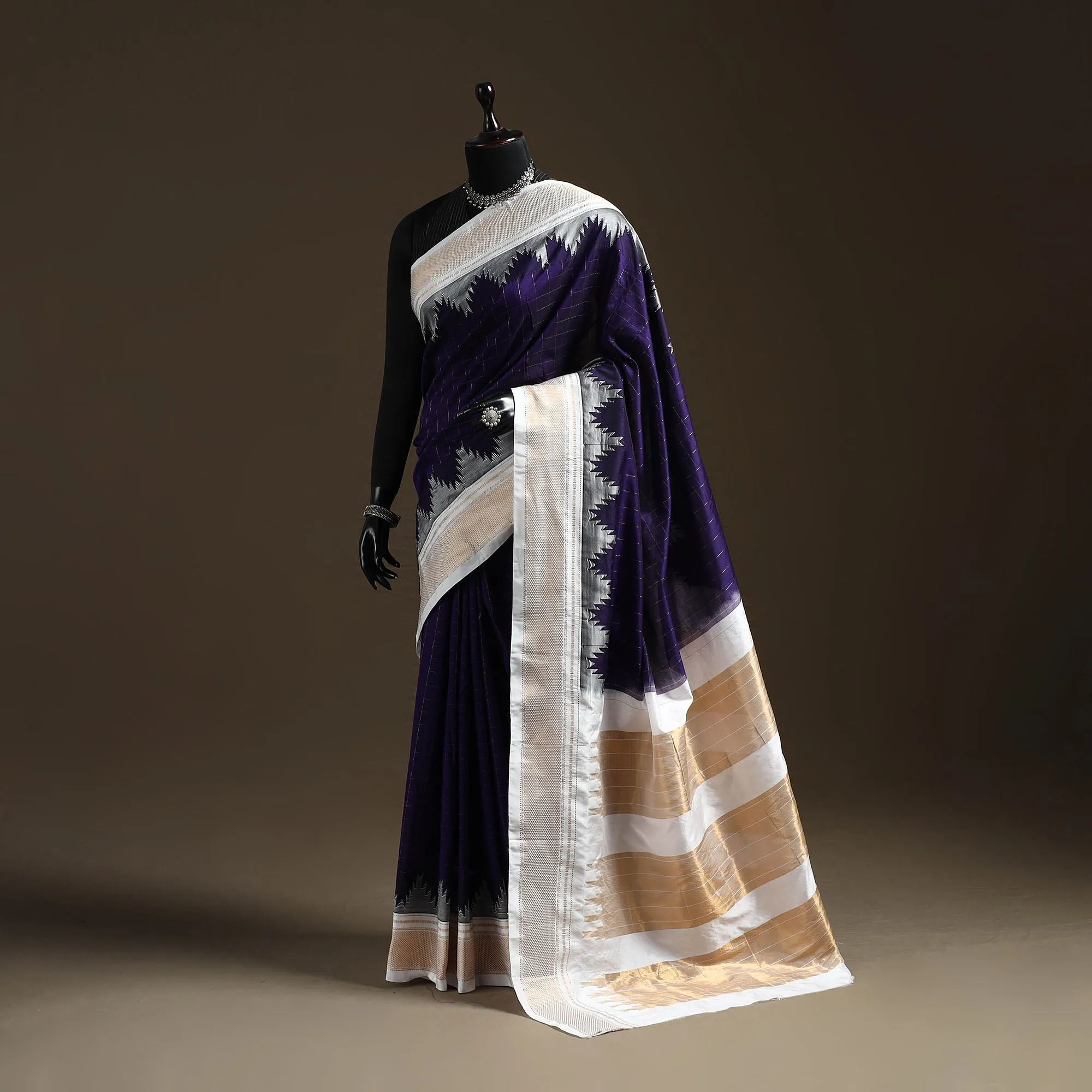 Purple - Mercerized Cotton Gadwal Checks Ilkal Saree with Temple Zari Border 17 sold by Itokri