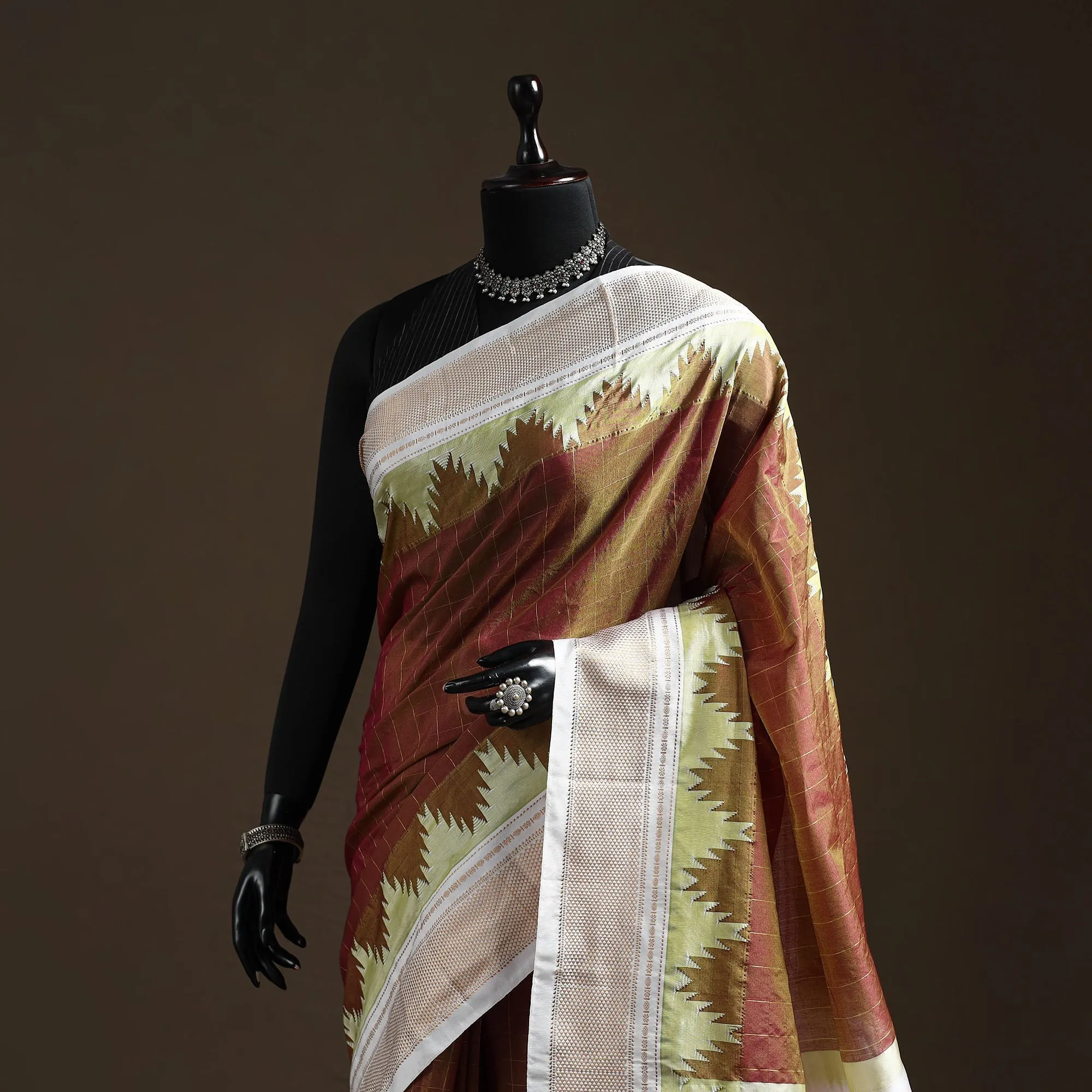 Brown - Mercerized Cotton Gadwal Checks Ilkal Saree with Temple Zari Border 16 sold by Itokri product image thumbnail 2