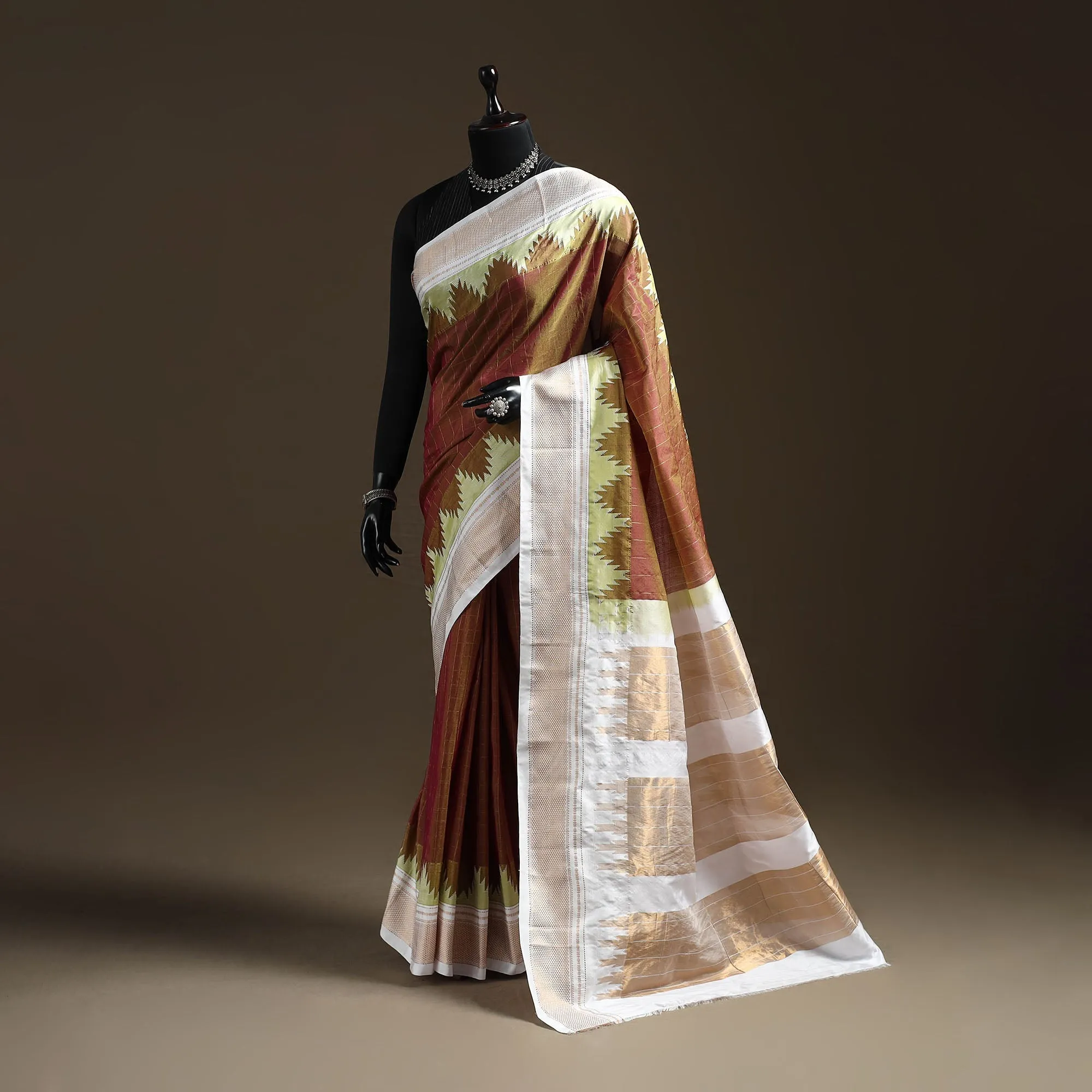Brown - Mercerized Cotton Gadwal Checks Ilkal Saree with Temple Zari Border 16 sold by Itokri