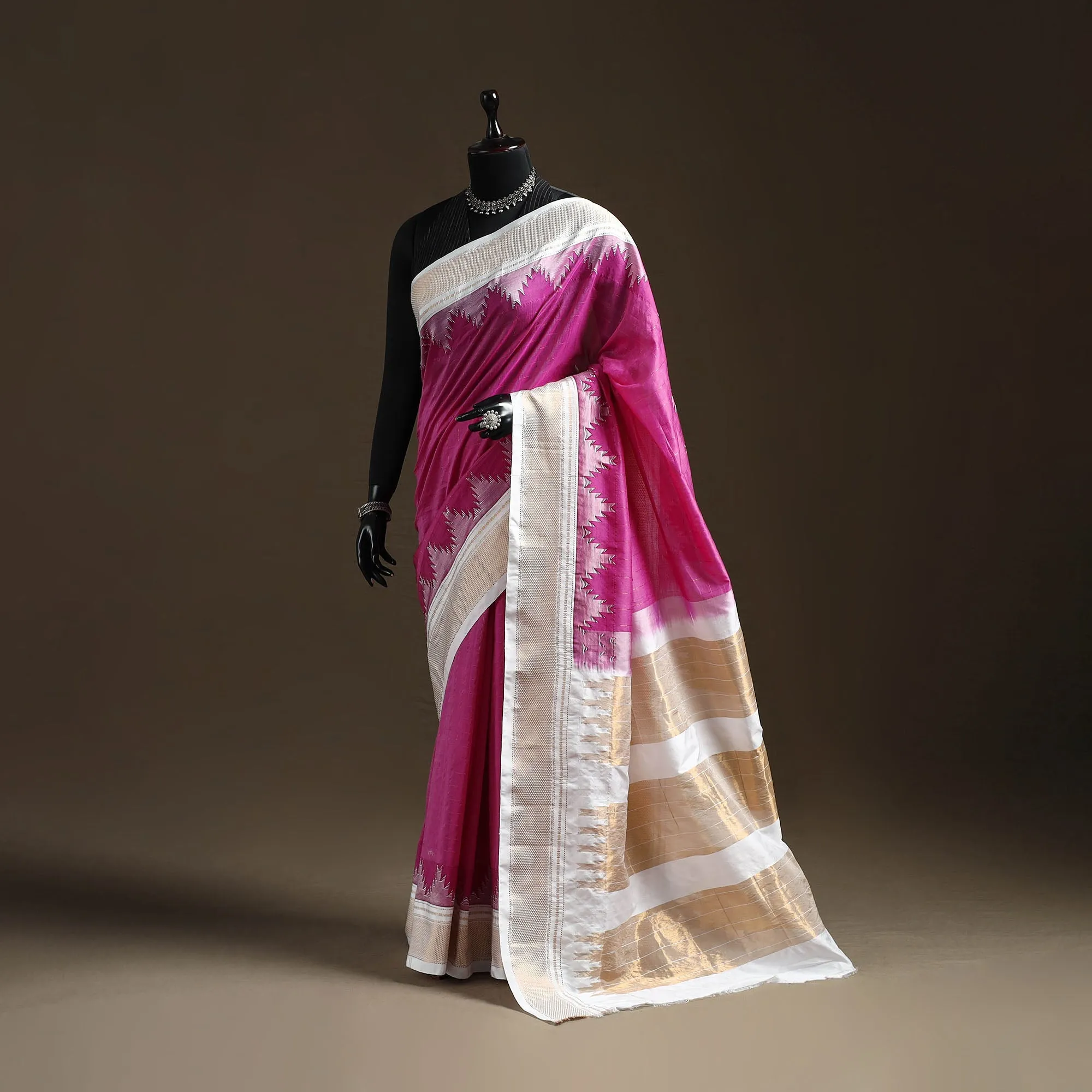 Pink - Mercerized Cotton Gadwal Checks Ilkal Saree with Temple Zari Border 15 sold by Itokri