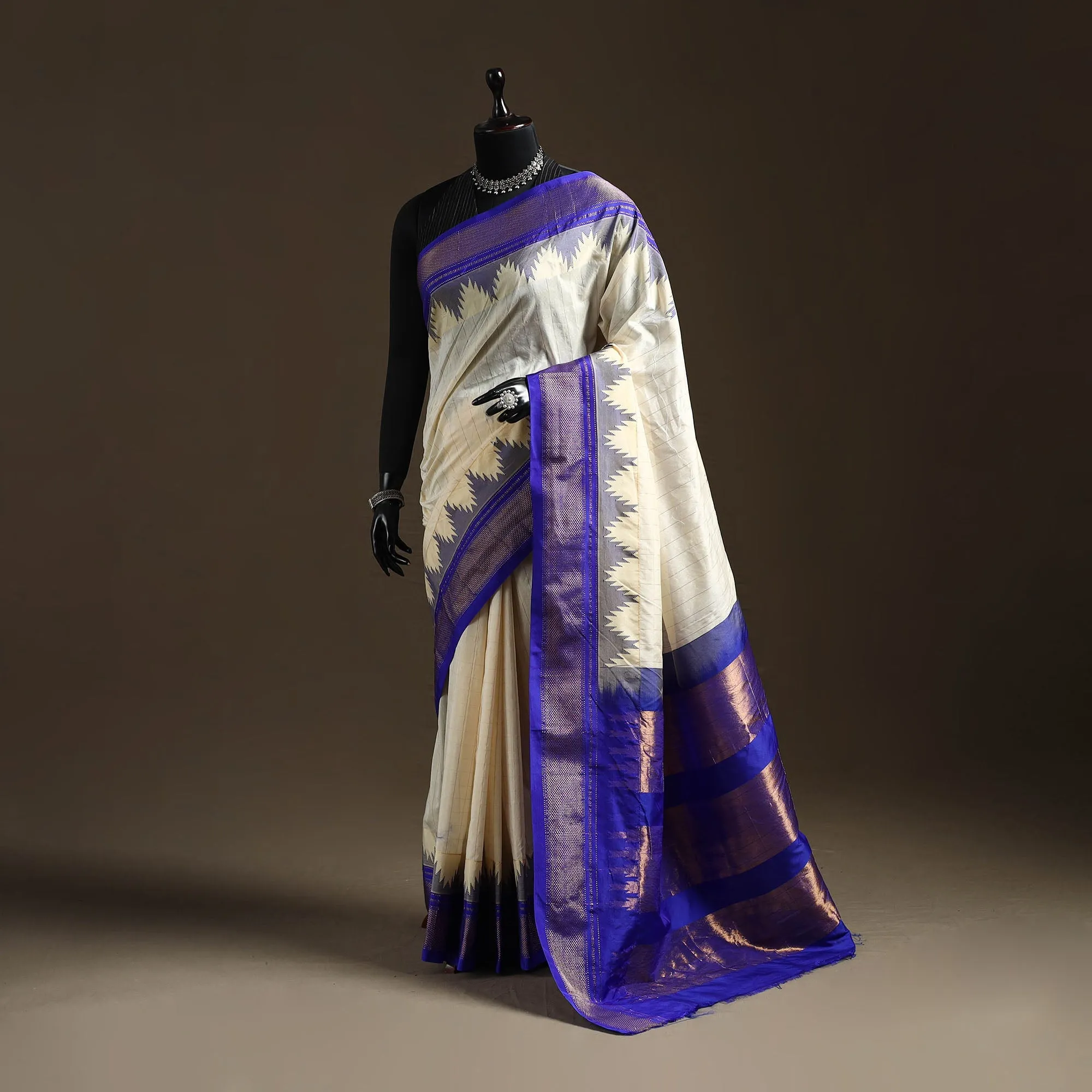 White - Mercerized Cotton Gadwal Checks Ilkal Saree with Temple Zari Border 13 sold by Itokri