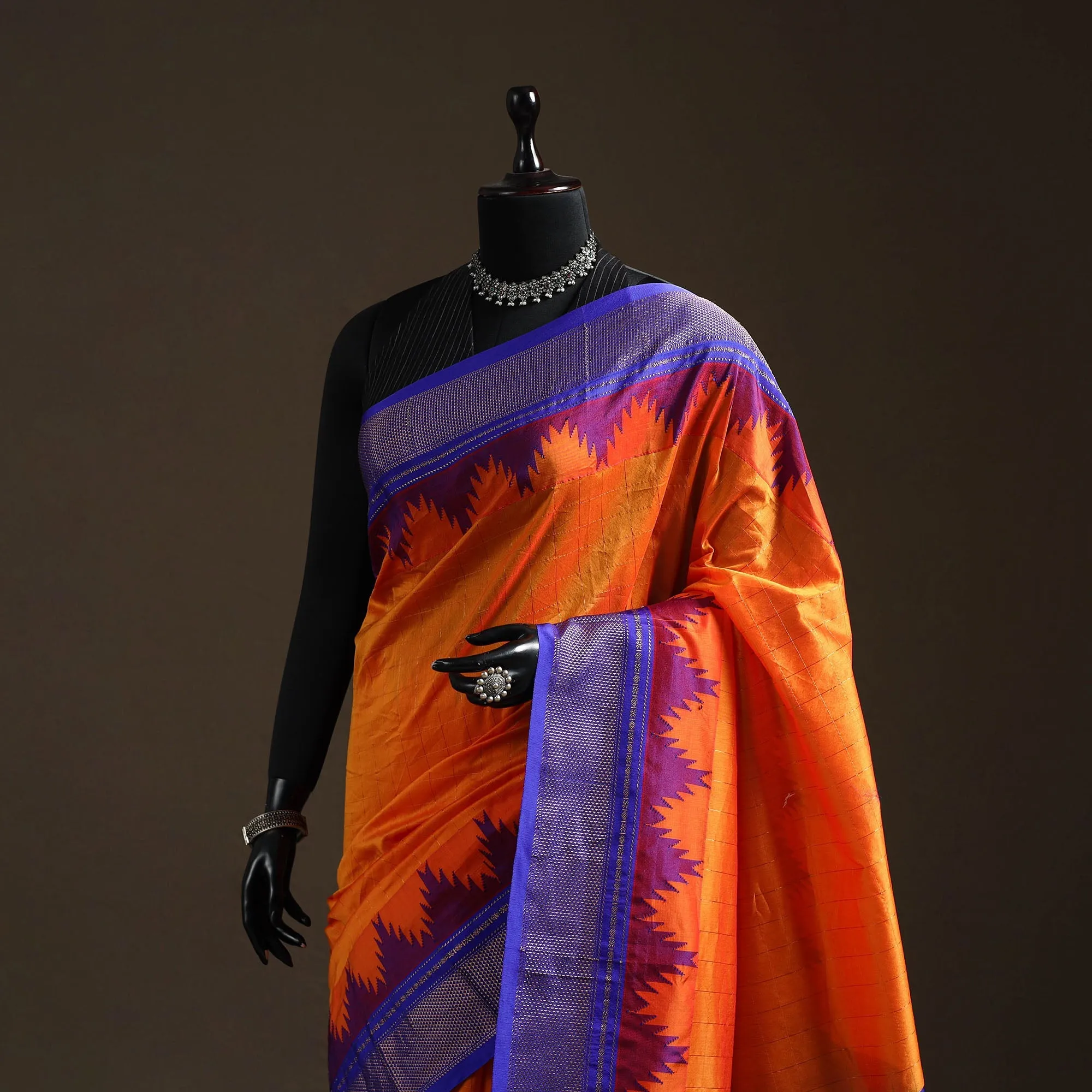 Orange - Mercerized Cotton Gadwal Checks Ilkal Saree with Temple Zari Border 12 sold by Itokri product image thumbnail 2