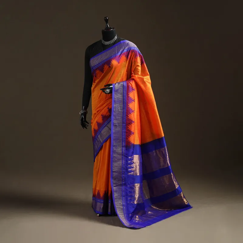Orange - Mercerized Cotton Gadwal Checks Ilkal Saree with Temple Zari Border 12 sold by Itokri