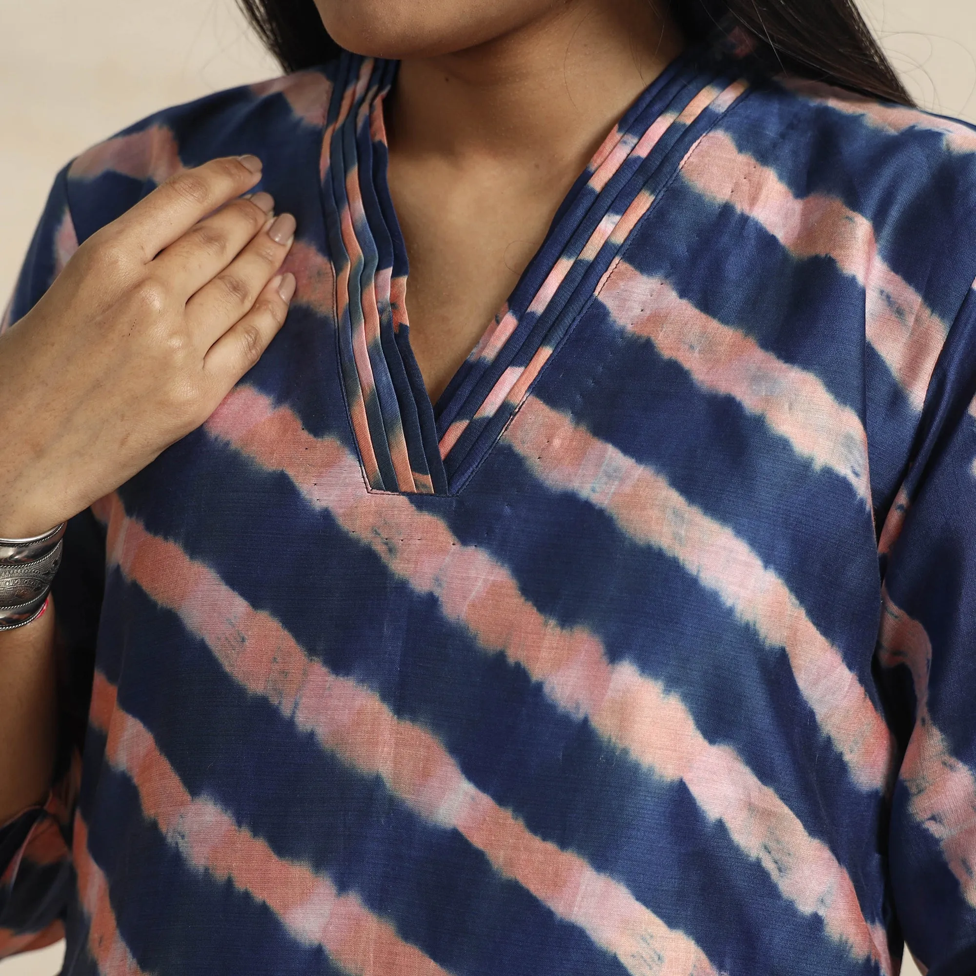 Navy Blue - Leheriya Tie-Dye Chanderi Silk A-Line Kurta sold by Itokri product image thumbnail 4