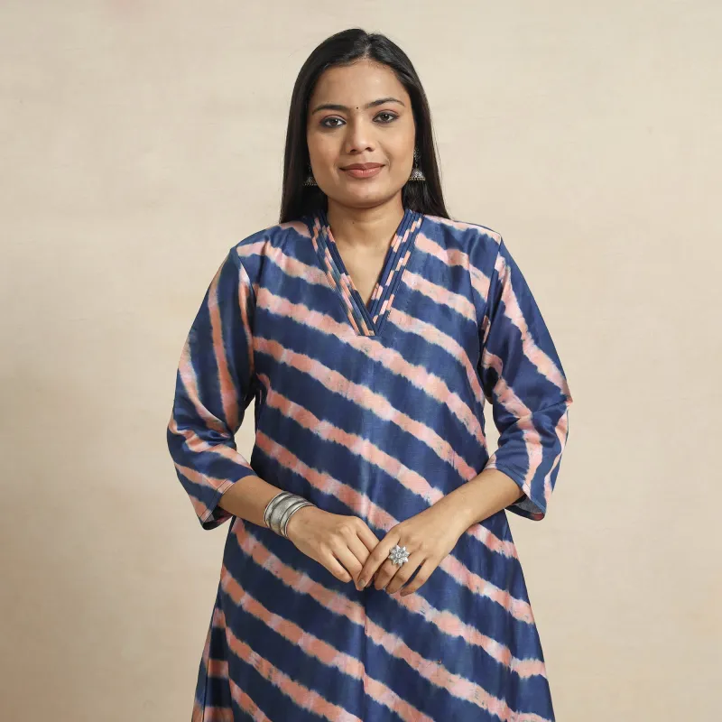 Navy Blue - Leheriya Tie-Dye Chanderi Silk A-Line Kurta made by Itokri