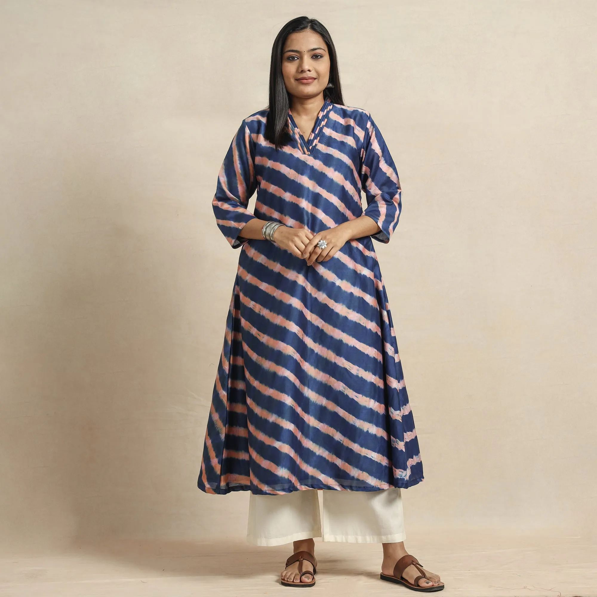 Navy Blue - Leheriya Tie-Dye Chanderi Silk A-Line Kurta sold by Itokri product image thumbnail 2