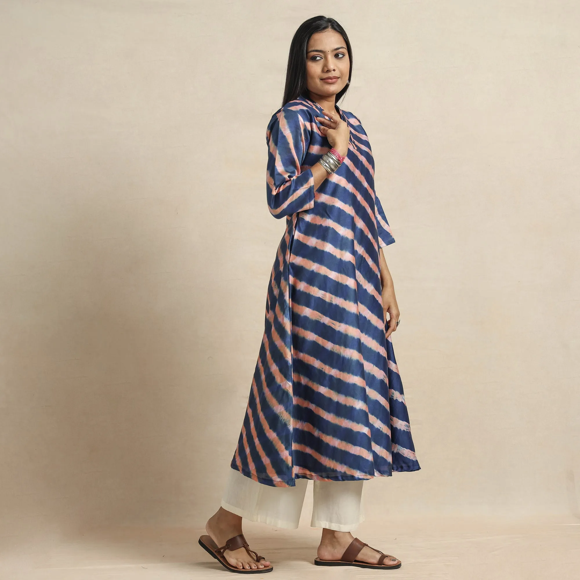 Navy Blue - Leheriya Tie-Dye Chanderi Silk A-Line Kurta sold by Itokri product image thumbnail 3