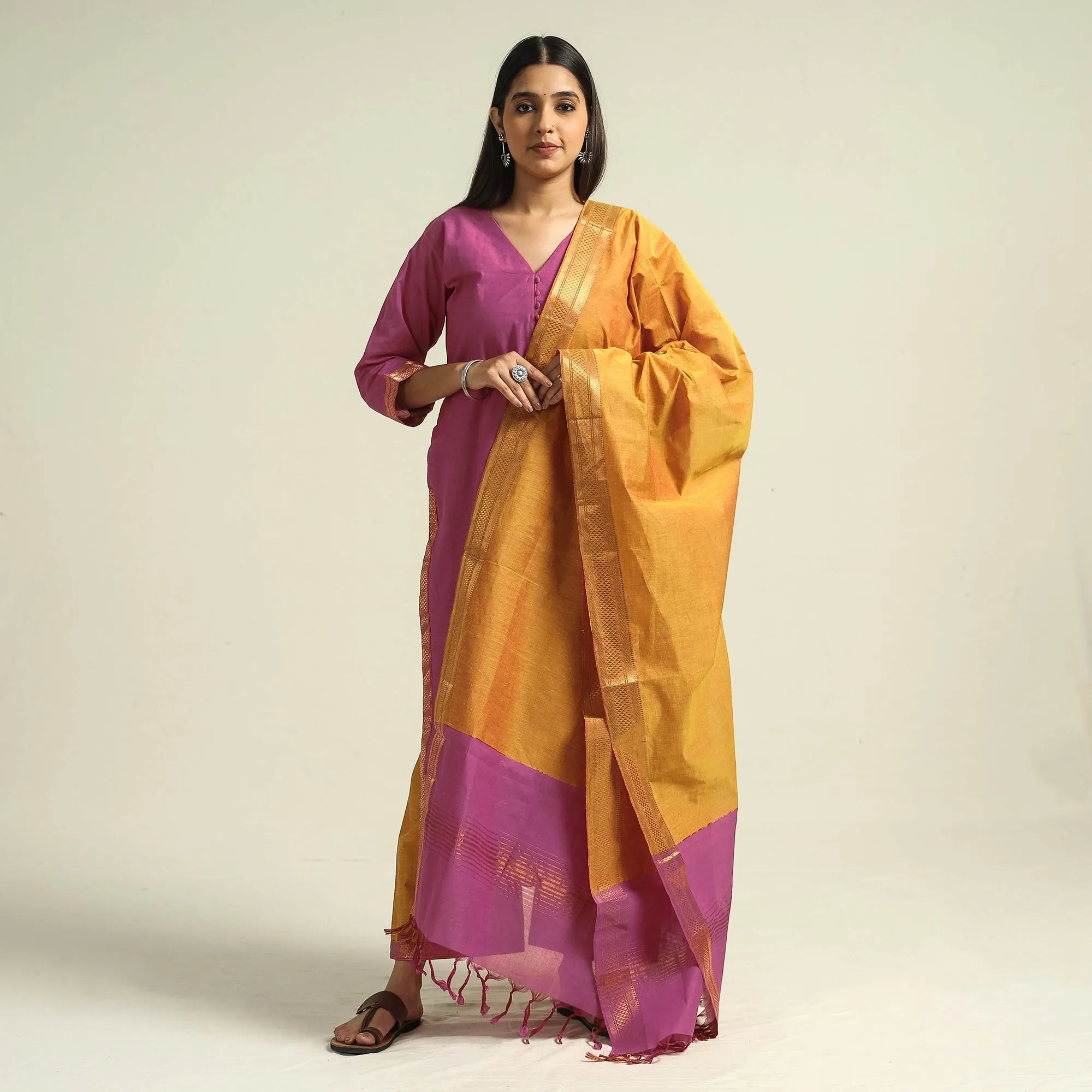 Pink - Mangalagiri Handloom Cotton Kurta with Palazzo & Dupatta Set sold by Itokri product image thumbnail 2