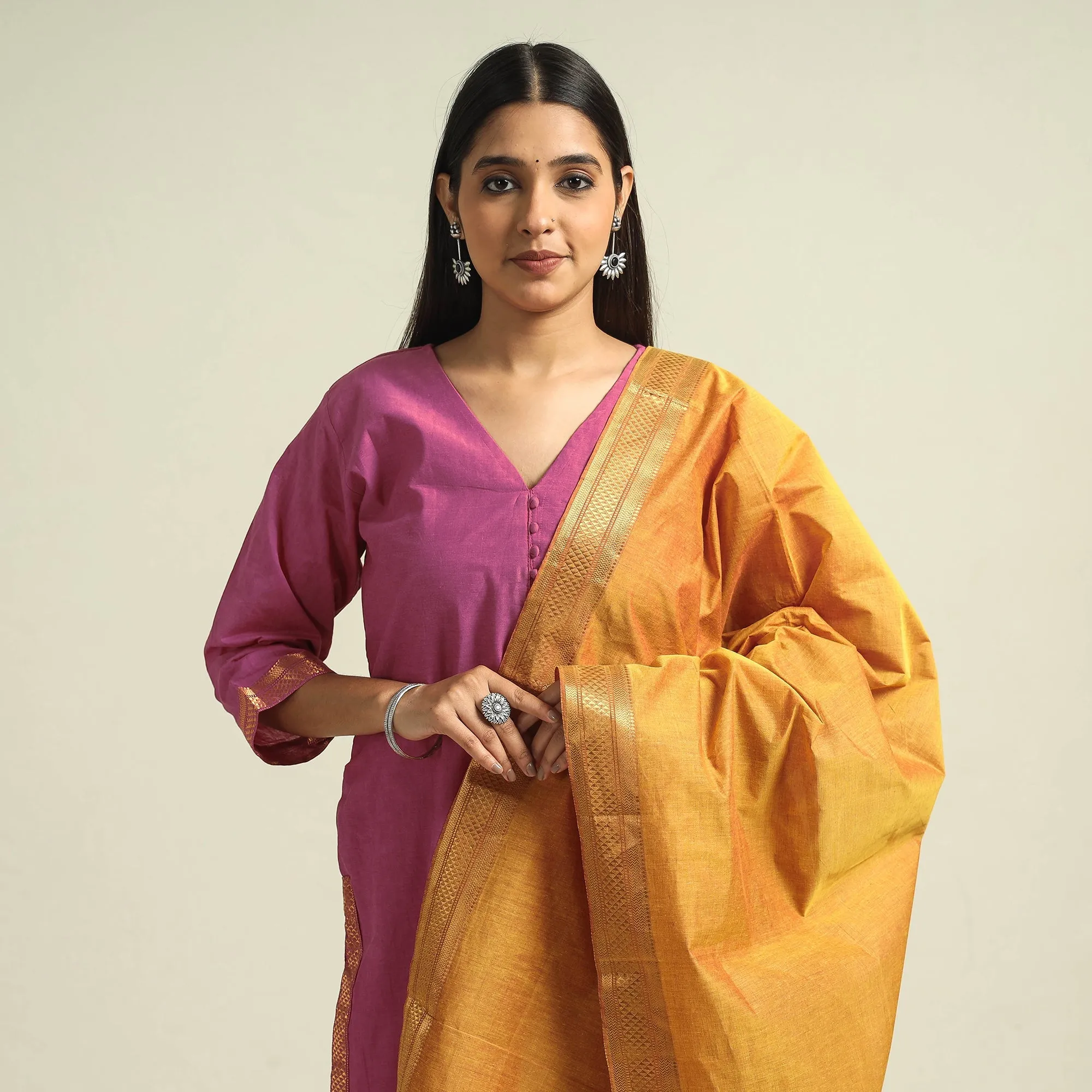 Pink - Mangalagiri Handloom Cotton Kurta with Palazzo & Dupatta Set sold by Itokri product image thumbnail 3