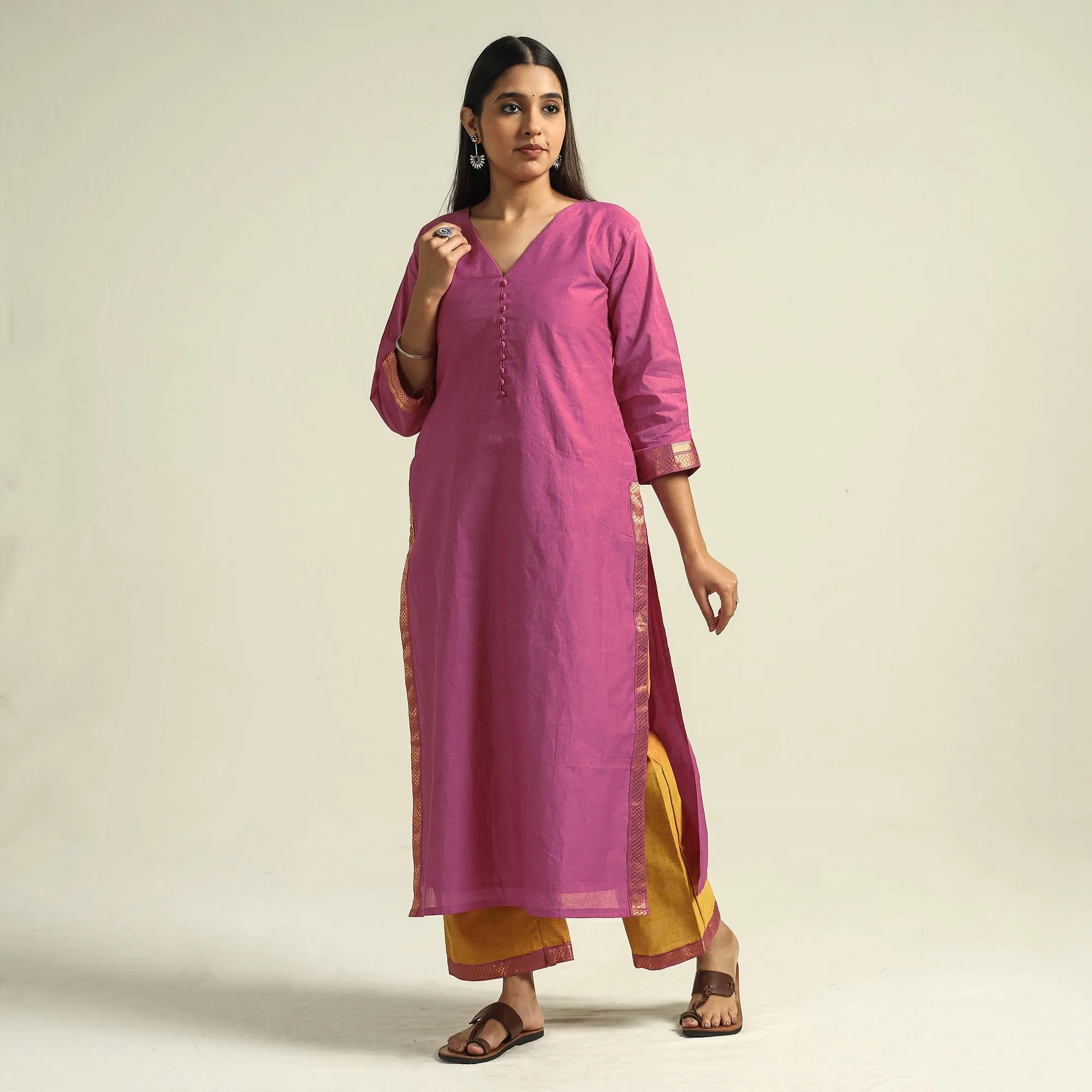 Pink - Mangalagiri Handloom Cotton Kurta with Palazzo & Dupatta Set sold by Itokri product image thumbnail 4