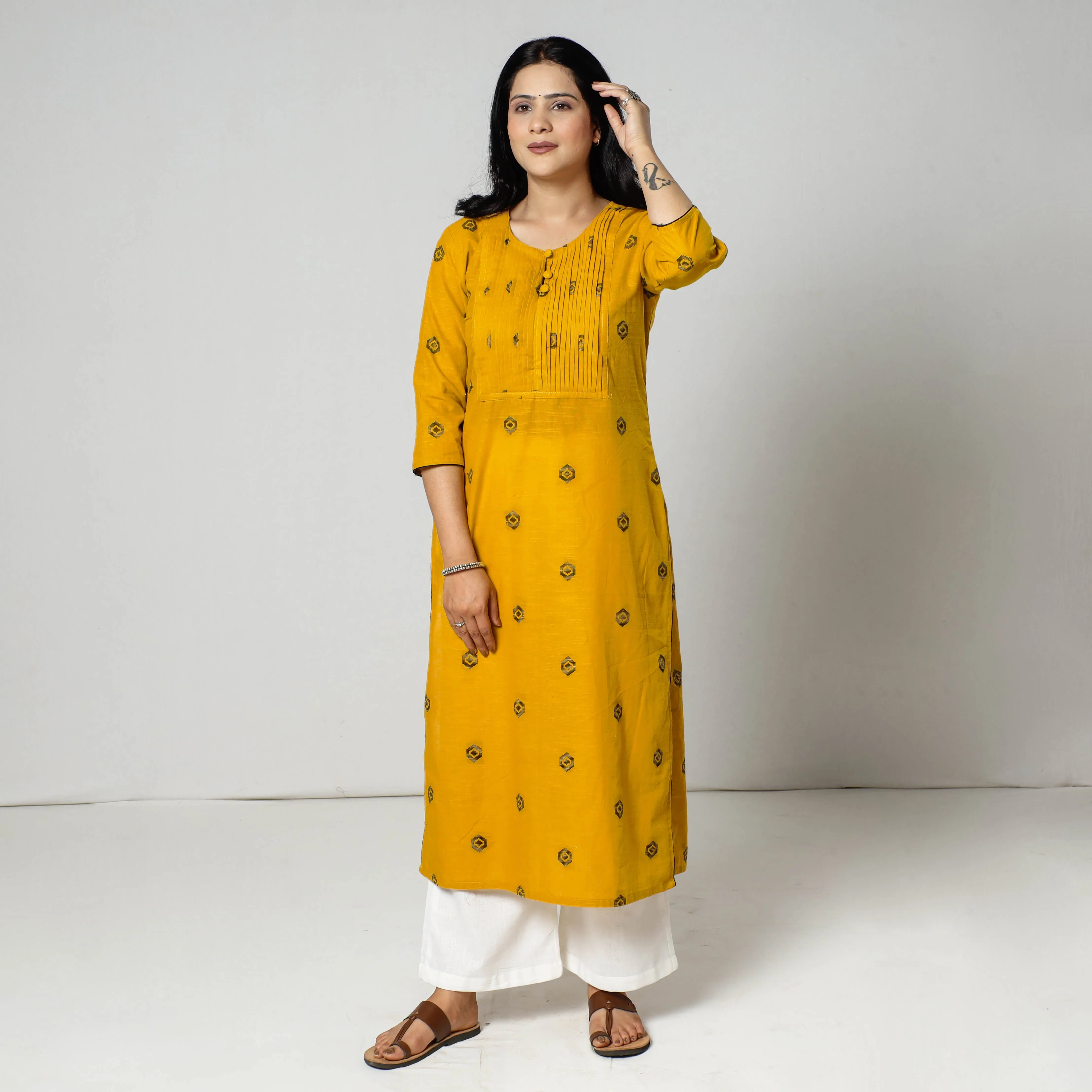Yellow - Jacquard Cotton Pintuck Long Straight Kurta sold by Itokri product image thumbnail 2