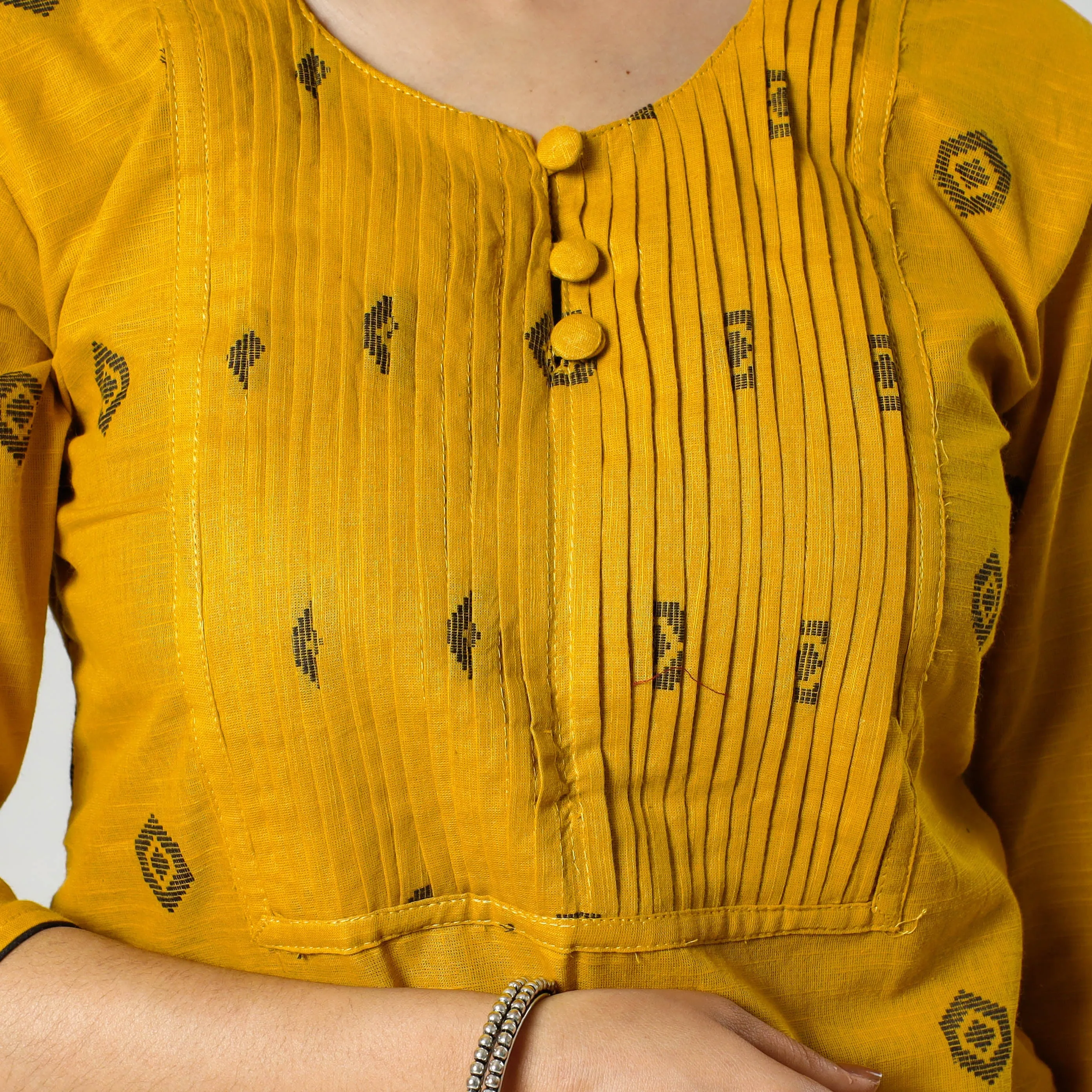 Yellow - Jacquard Cotton Pintuck Long Straight Kurta sold by Itokri product image thumbnail 4