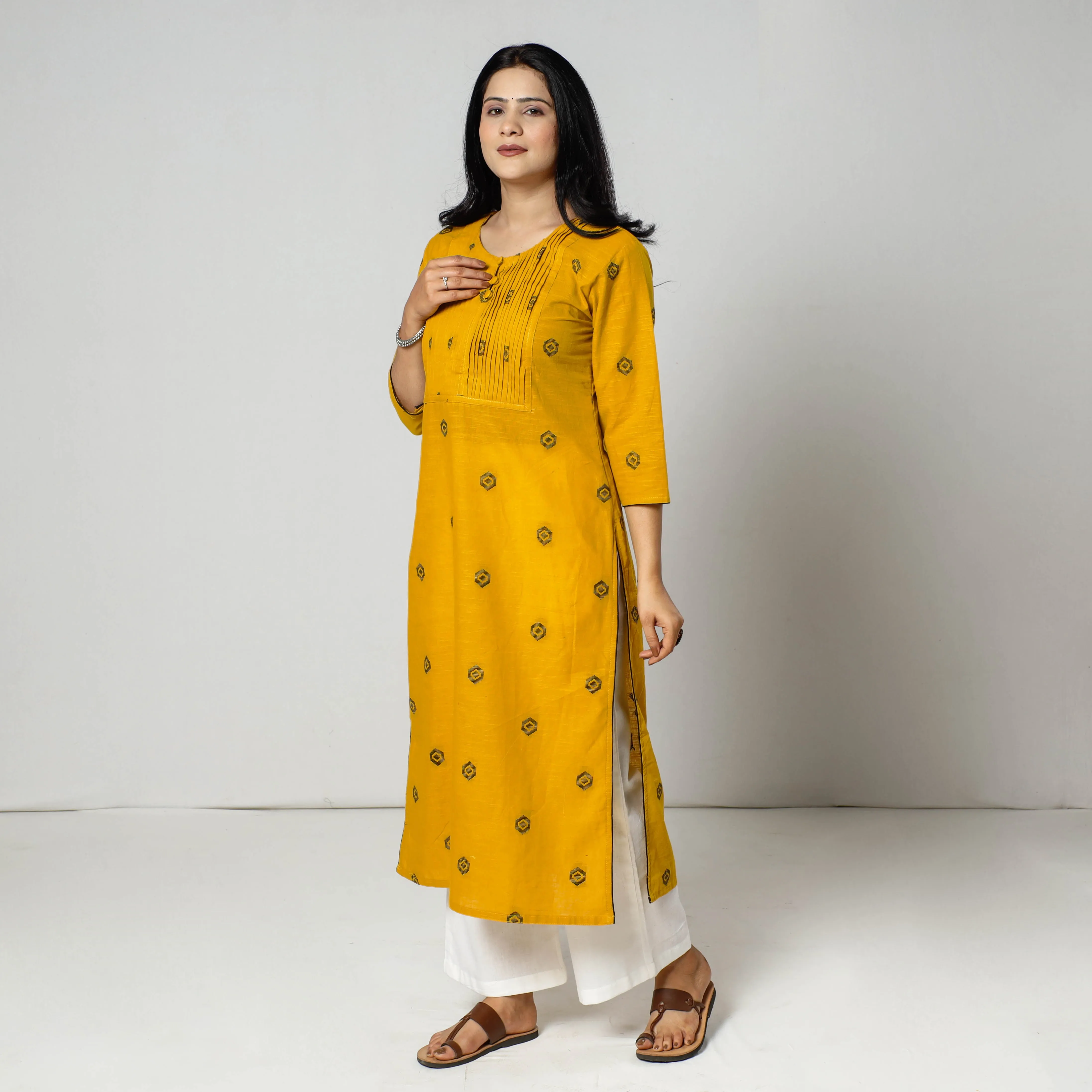 Yellow - Jacquard Cotton Pintuck Long Straight Kurta sold by Itokri product image thumbnail 3