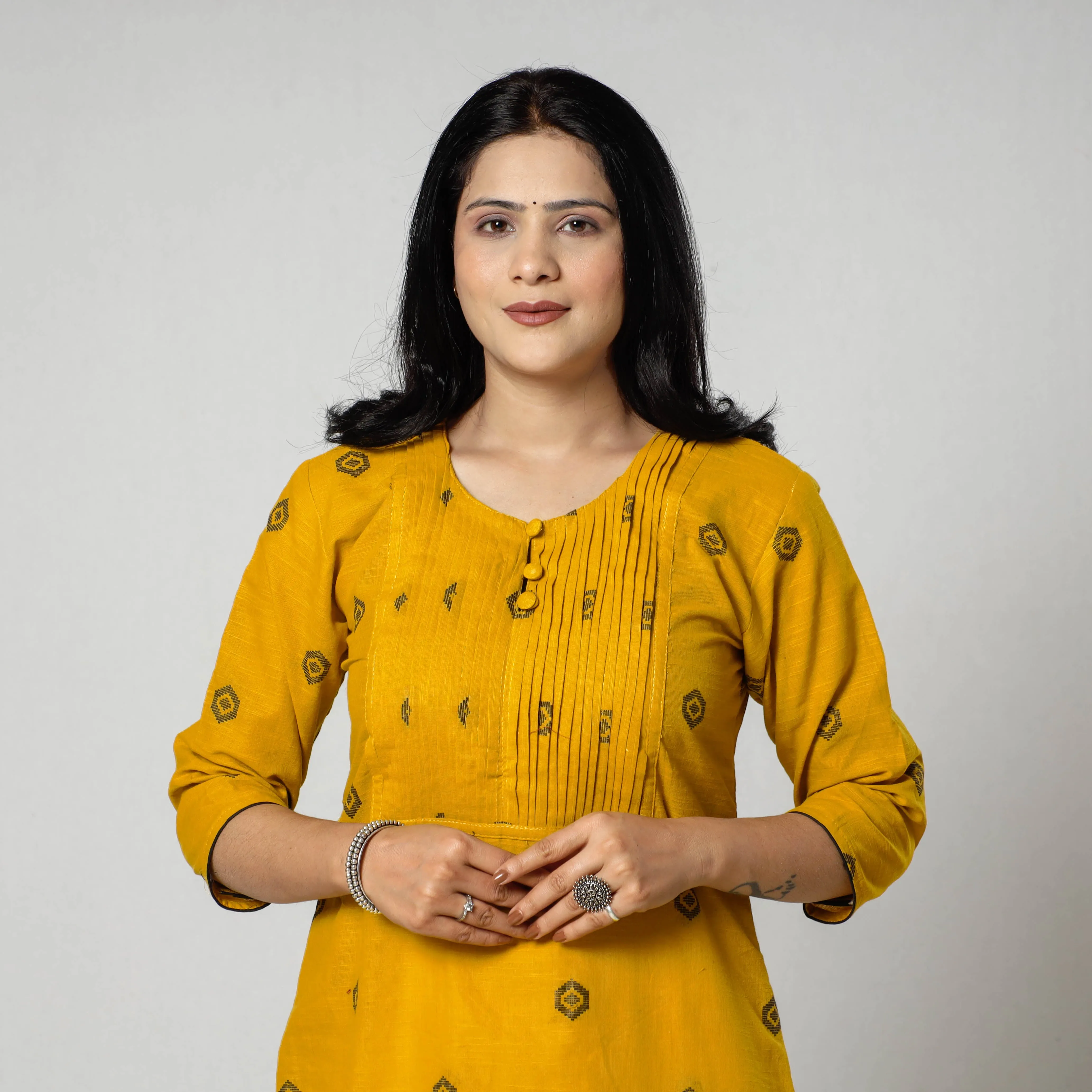 Yellow - Jacquard Cotton Pintuck Long Straight Kurta sold by Itokri