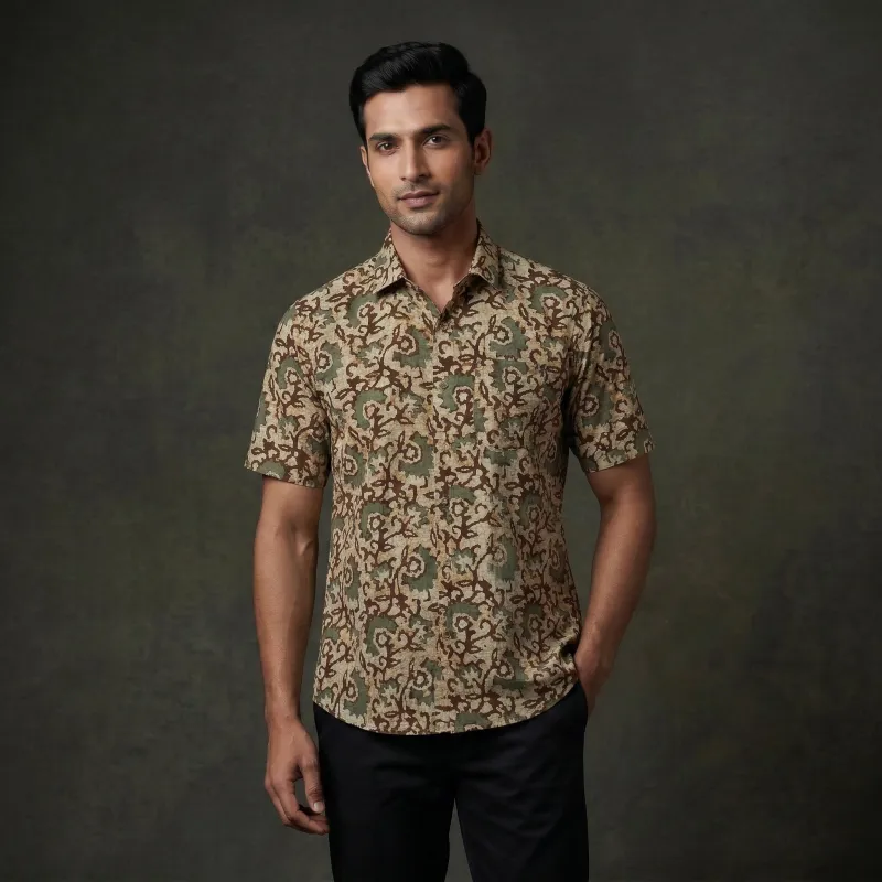 Brown - Half Sleeve Cotton Men Hand Block Batik Print Shirt 13 made by Itokri