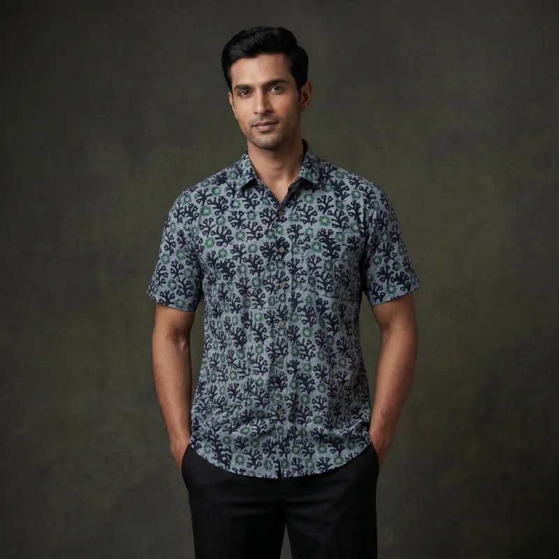 Blue - Half Sleeve Cotton Men Hand Block Batik Print Shirt 14 made by Itokri