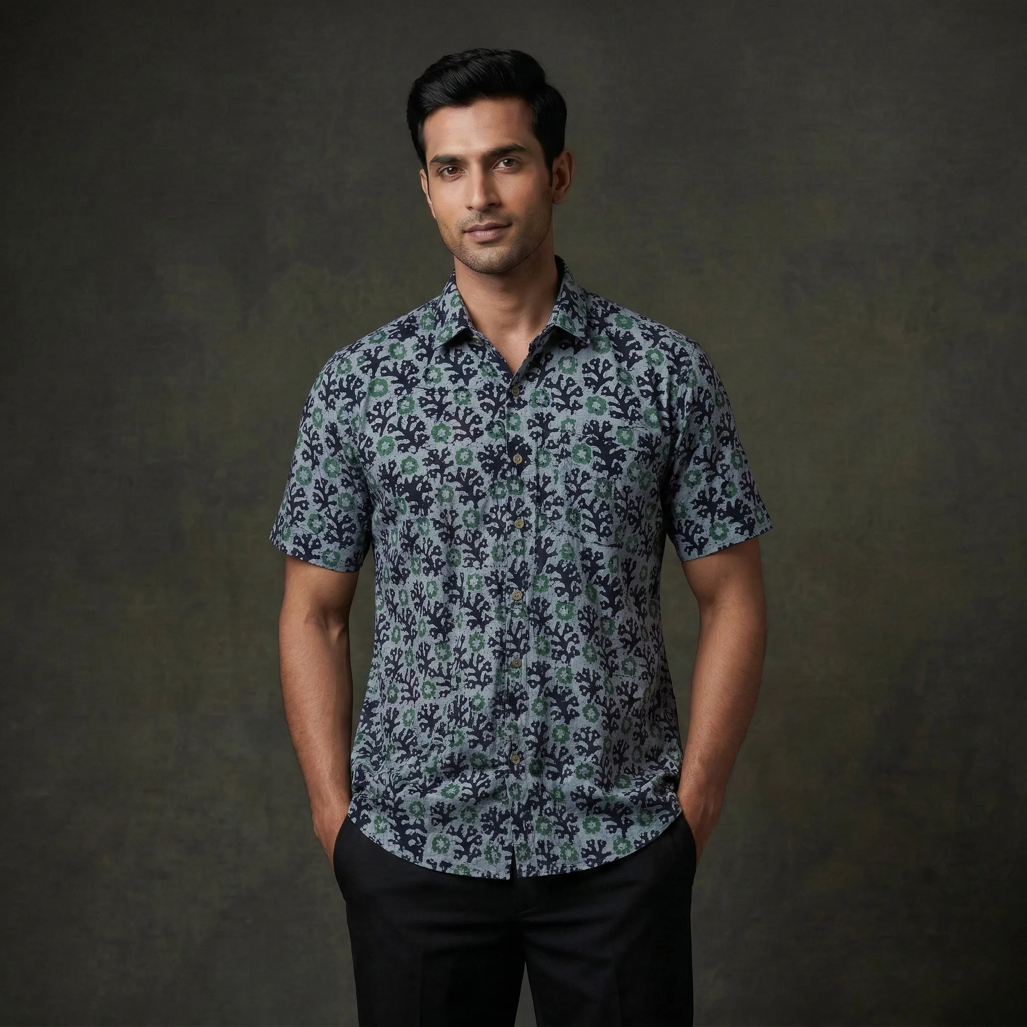 Blue - Half Sleeve Cotton Men Hand Block Batik Print Shirt 14 sold by Itokri