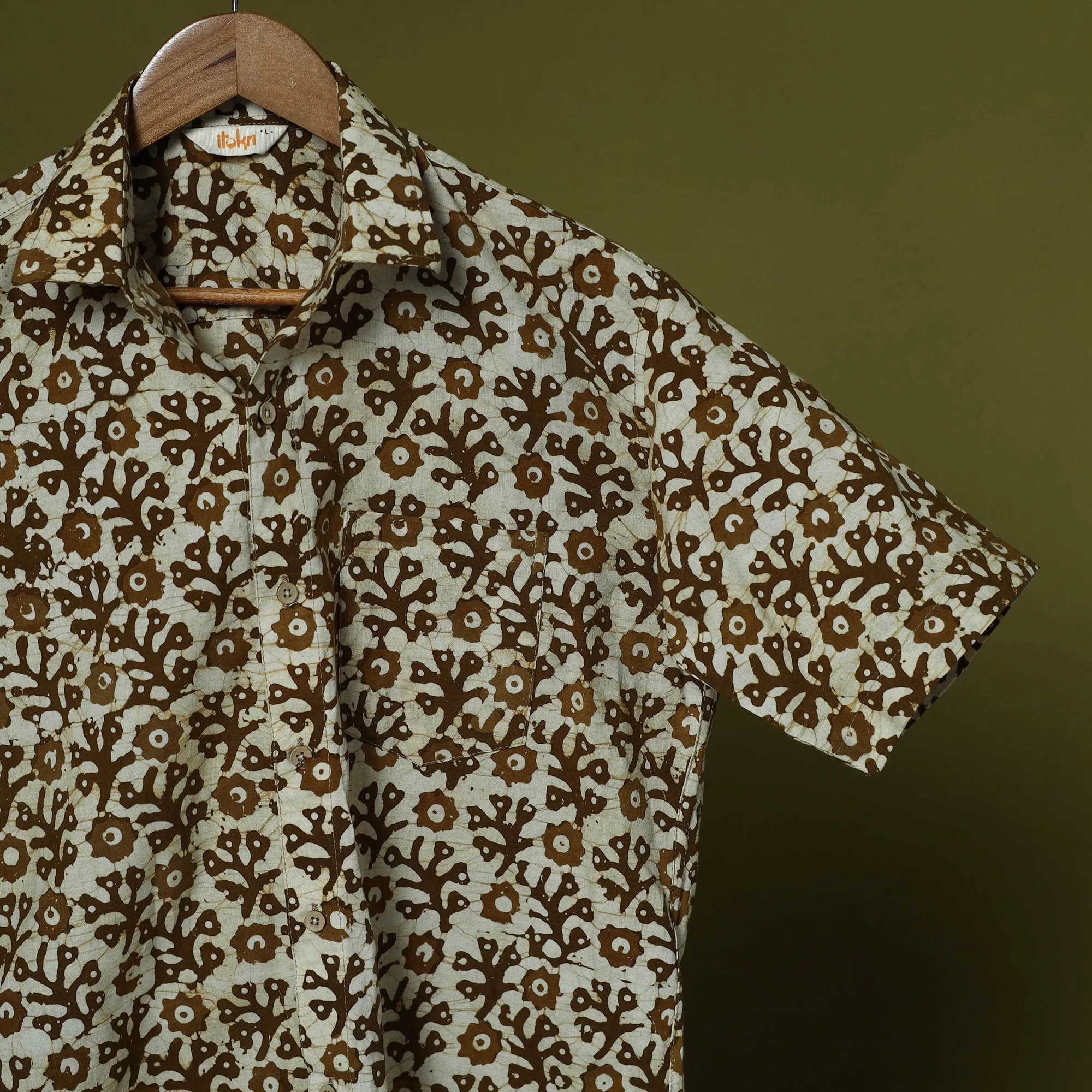 Brown - Half Sleeve Cotton Men Hand Block Batik Print Shirt 02 sold by Itokri product image thumbnail 3