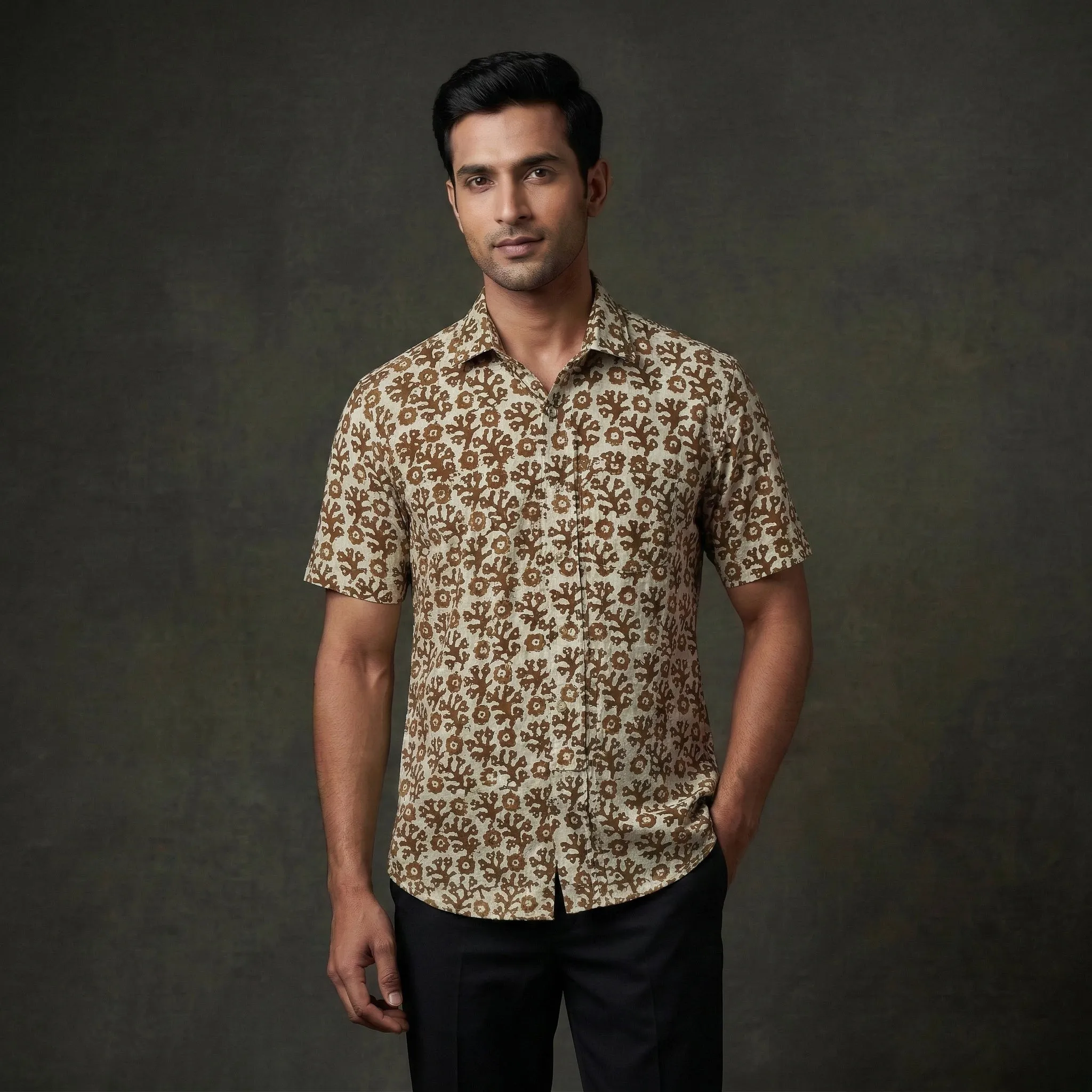 Brown - Half Sleeve Cotton Men Hand Block Batik Print Shirt 02 sold by Itokri