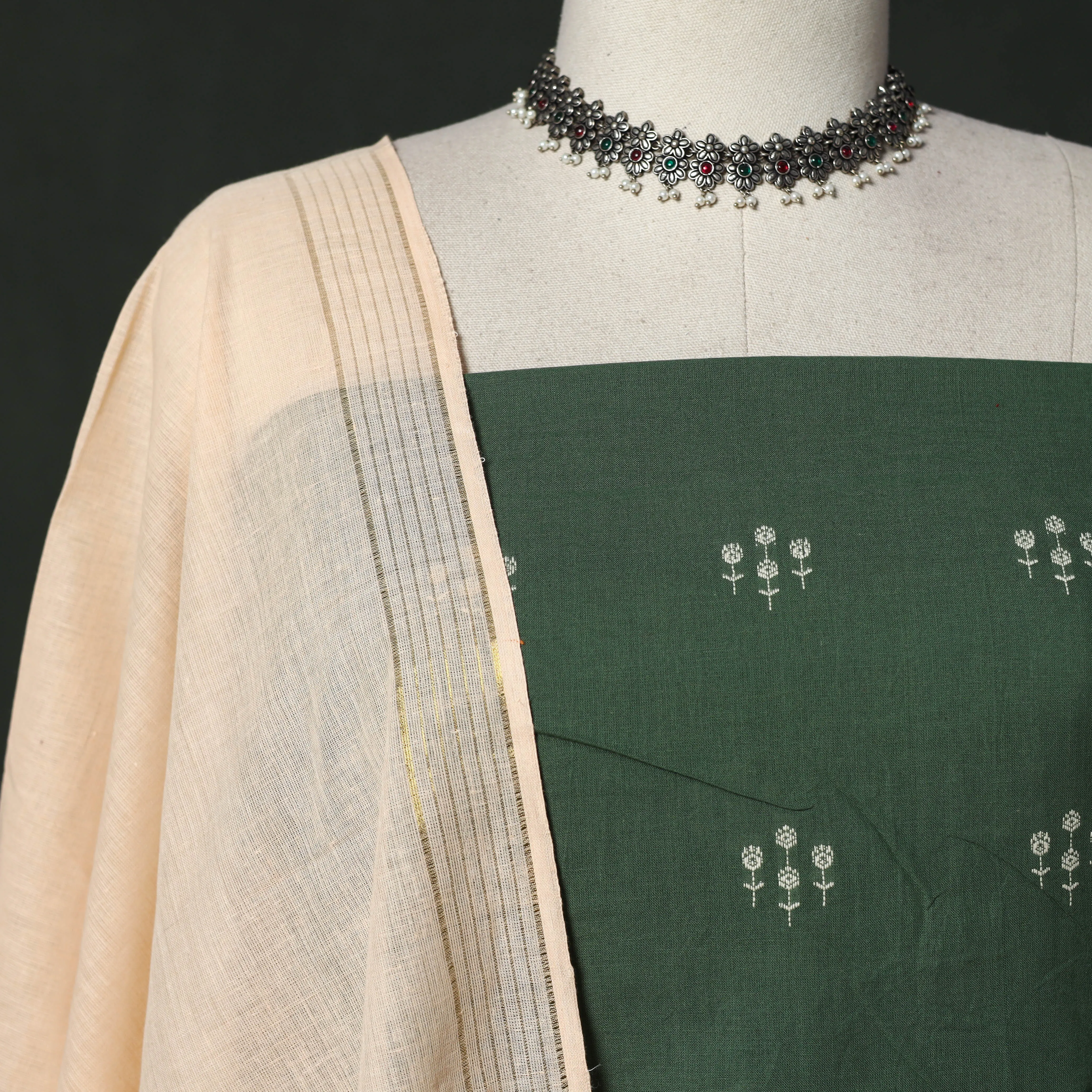 Green - Jacquard Cotton 2pc Unstitched Dress Material with Earrings 06 sold by Itokri product image thumbnail 3