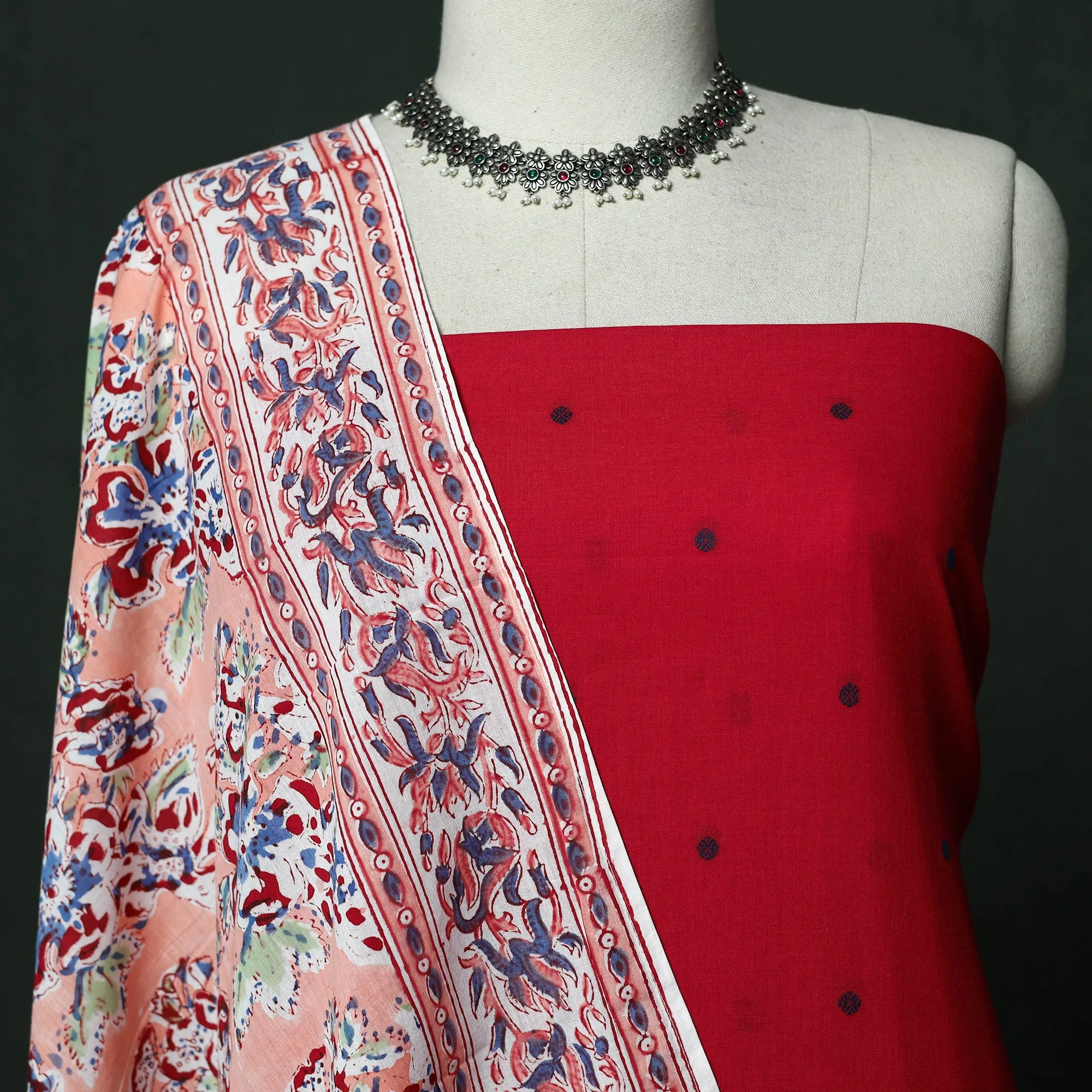Red - Jacquard Cotton 2pc Unstitched Dress Material with Earrings 09 sold by Itokri product image thumbnail 3