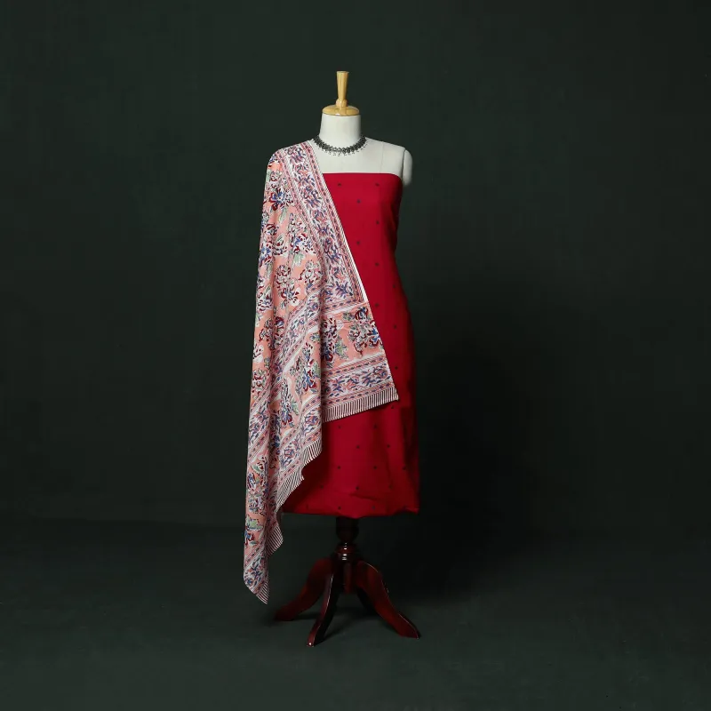 Red - Jacquard Cotton 2pc Unstitched Dress Material with Earrings 09 made by Itokri